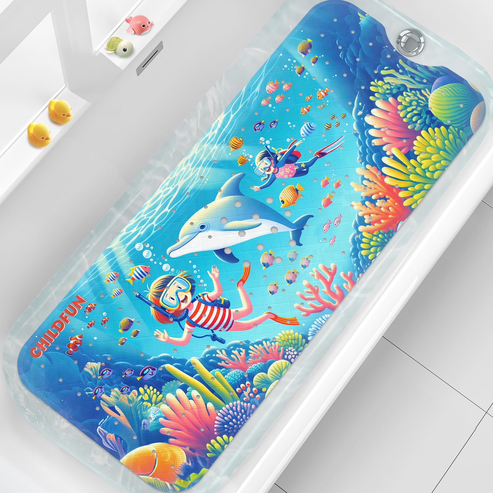 Xiyunte Baby Bath Mat For Kids, 40X16 Inches Extra Long Baby Bath Mat Non Slip, Upgrade Cartoon Kids Bath Mat For Tub Non Slip S