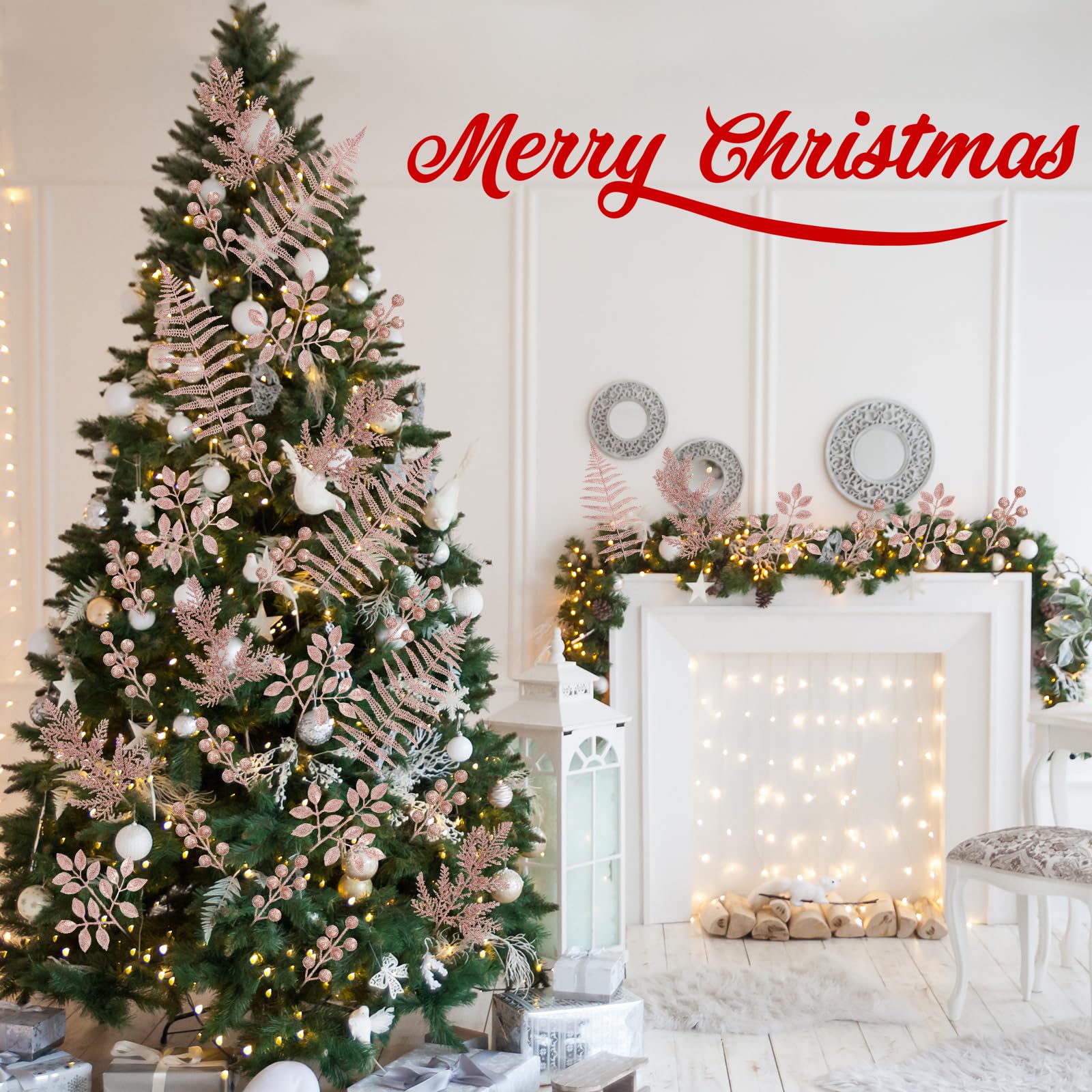 Moucuny 40 Pcs Christmas Glitter Artificial Picks Set Christmas Leaf Sprays Cedar Picks Glitter Berries Stems Tropical Leaf Pine
