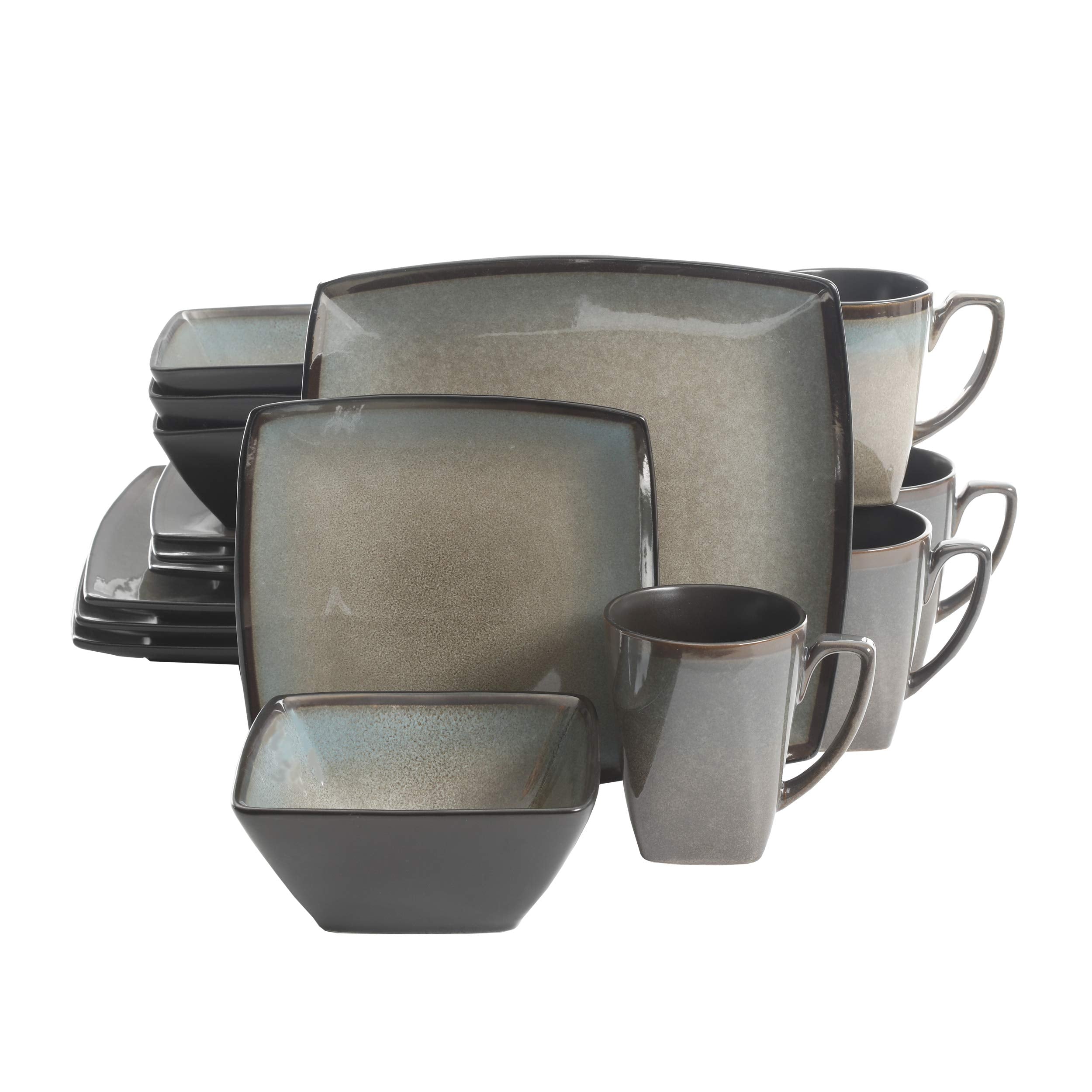 Gibson Elite Tequesta Square Reactive Glaze Stoneware Plates and Bowls Dishes Dinnerware Set, Service for 4 (16pcs), Taupe