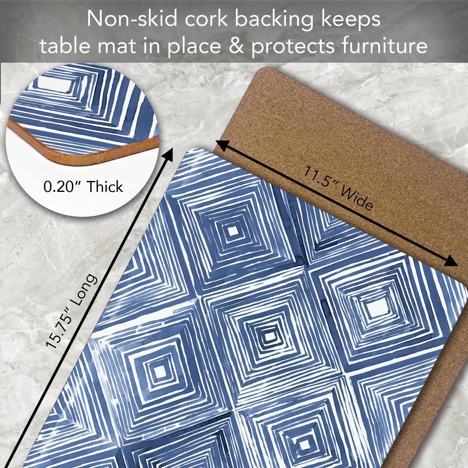 Counterart Indigo Diamond Decorative Hardboard Placemats With Protective Cork Backing 4 Pack Layered Construction Heat Tolerant