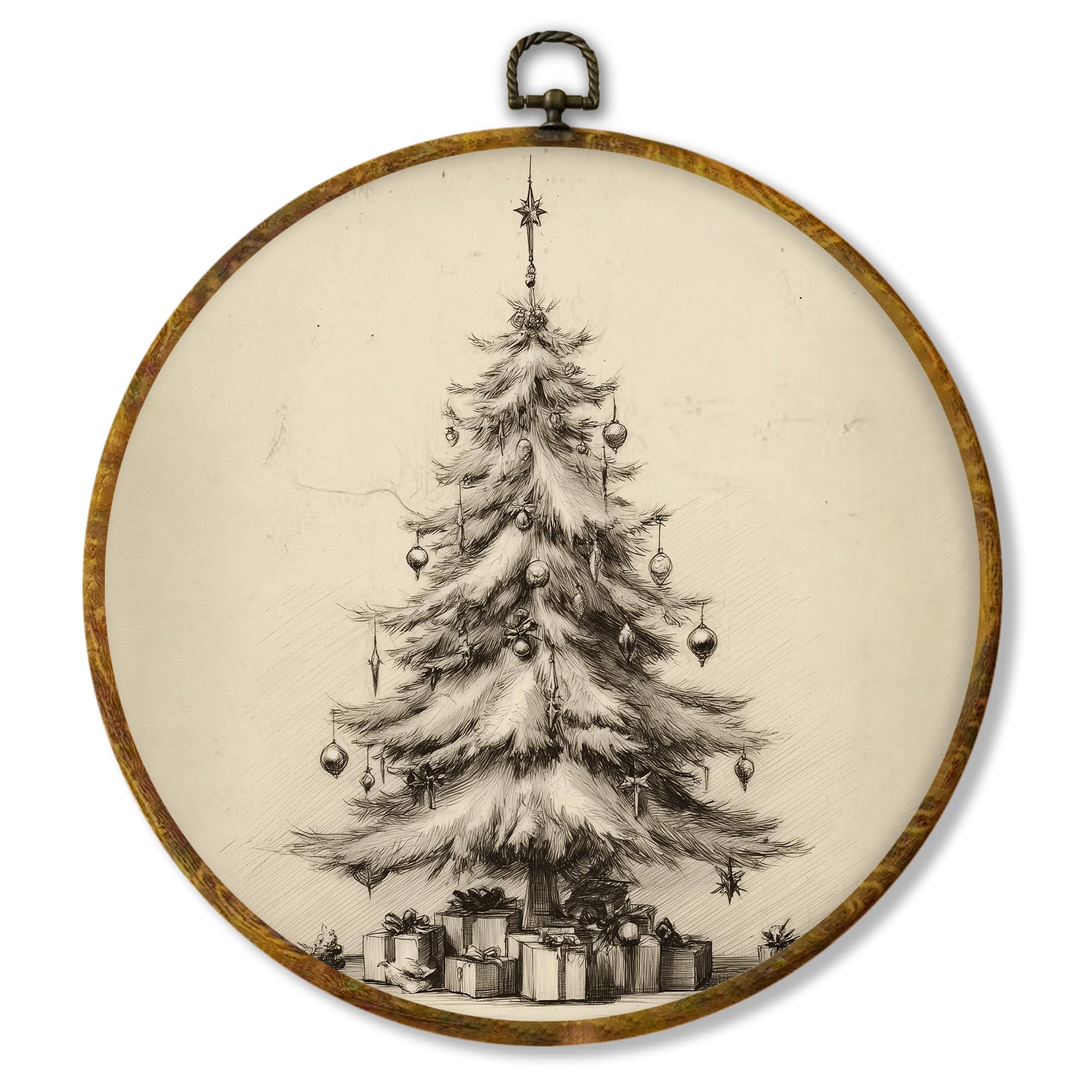 Hiuwevt Winter Pine Tree Round Wall Art Decor, Rustic Snowy Forest Framed Canvas Prints, Cozy Farmhouse Winter Round Wall Hangin