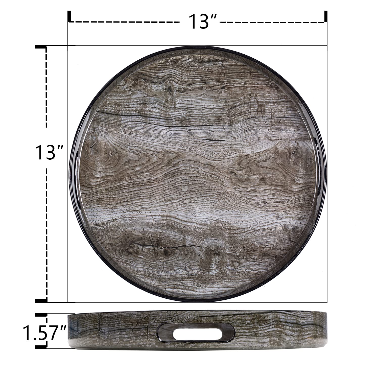 MAONAME 13'' Round Decorative Tray  Plastic Tray with Handles  Coffee Table Tray  Serving Tray for Ottoman  Bathroom  Kitchen (Sticker Wood Grain)