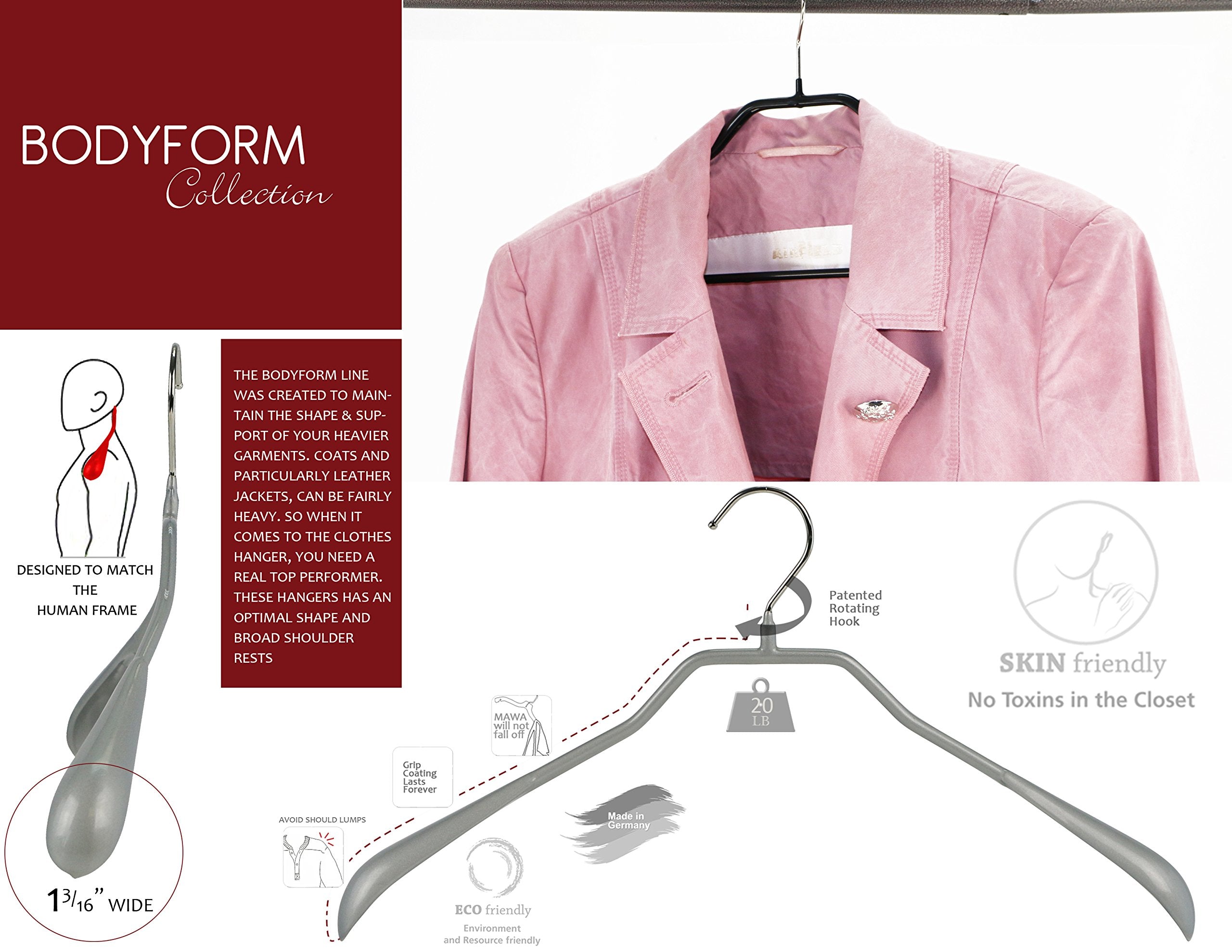 Mawa By Reston Lloyd Bodyform Series Non-Slip Space-Saving Clothes Hanger With Bar For Pants, 16-1/2'', Style 42/Ls, Set Of 6, W