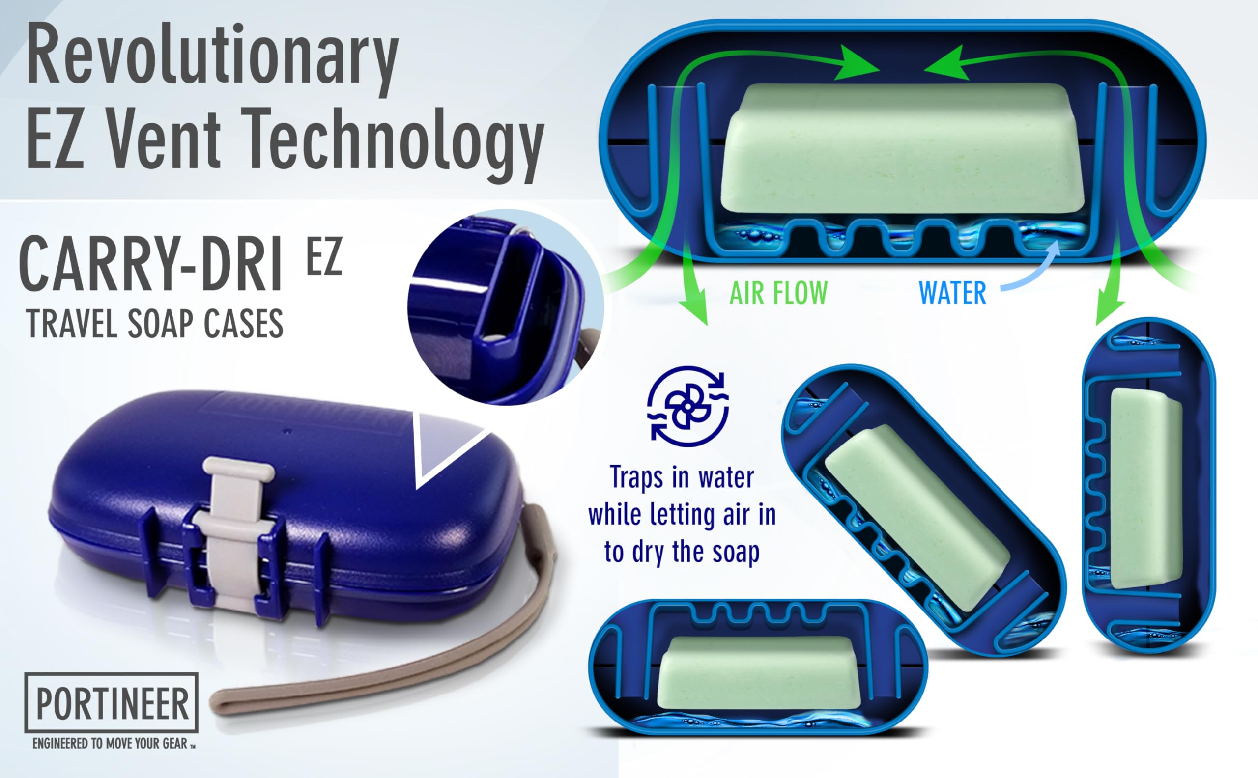 Carry-Dri EZ Travel Soap Container by PORTINEER - Soap Bar Case Lets Soap Dry with Lanyard  Silicone Closure  Soap Holder Travel  Leakproof Soap Box with Patented Vents  Travel Soap Dish  Blue-Grey