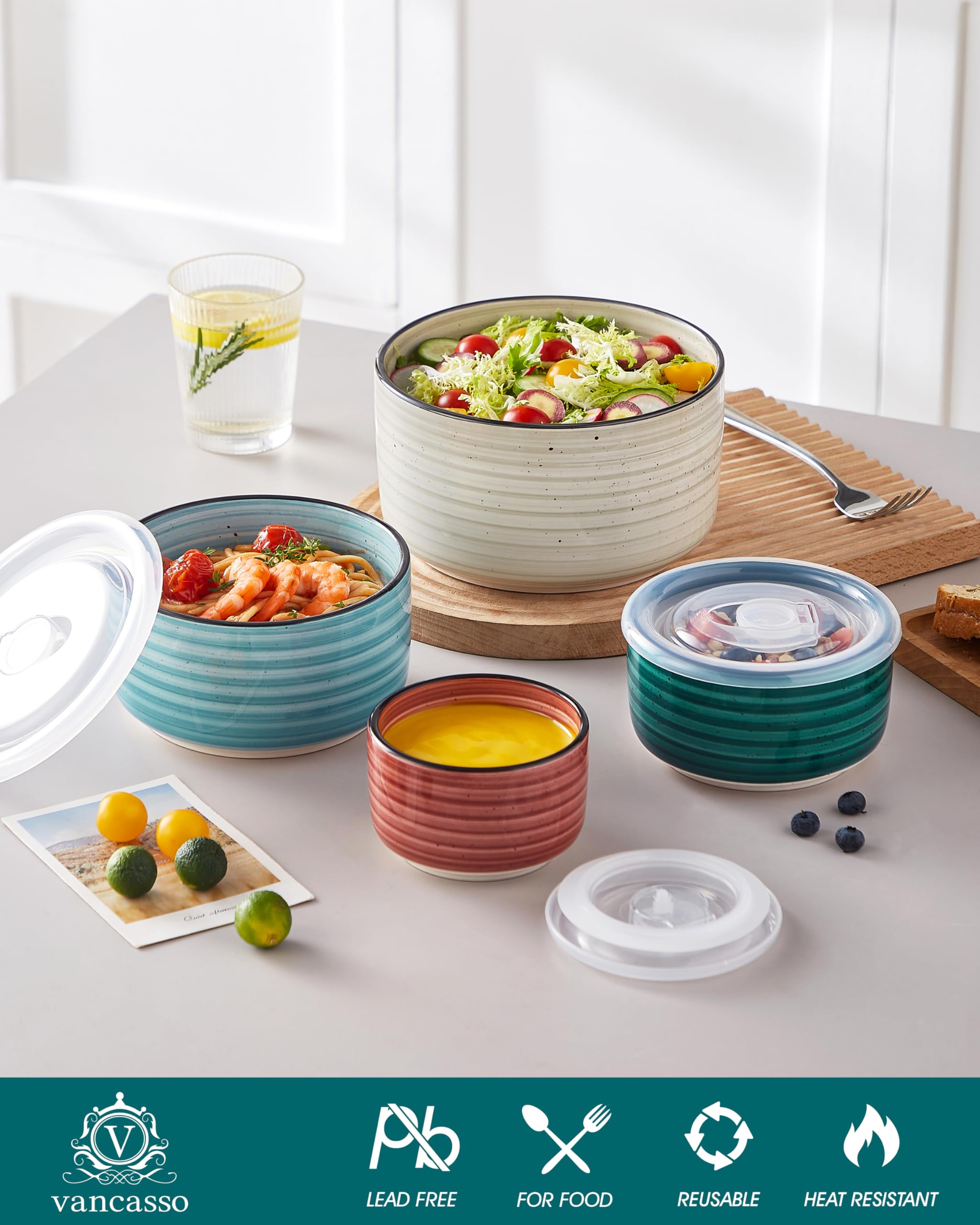 Vancasso Bonbon Ceramic Mixing Bowls With Lids Set Of 4, Multi-Color Nesting Serving Bowls For Food Prep, Storage, Microwave And