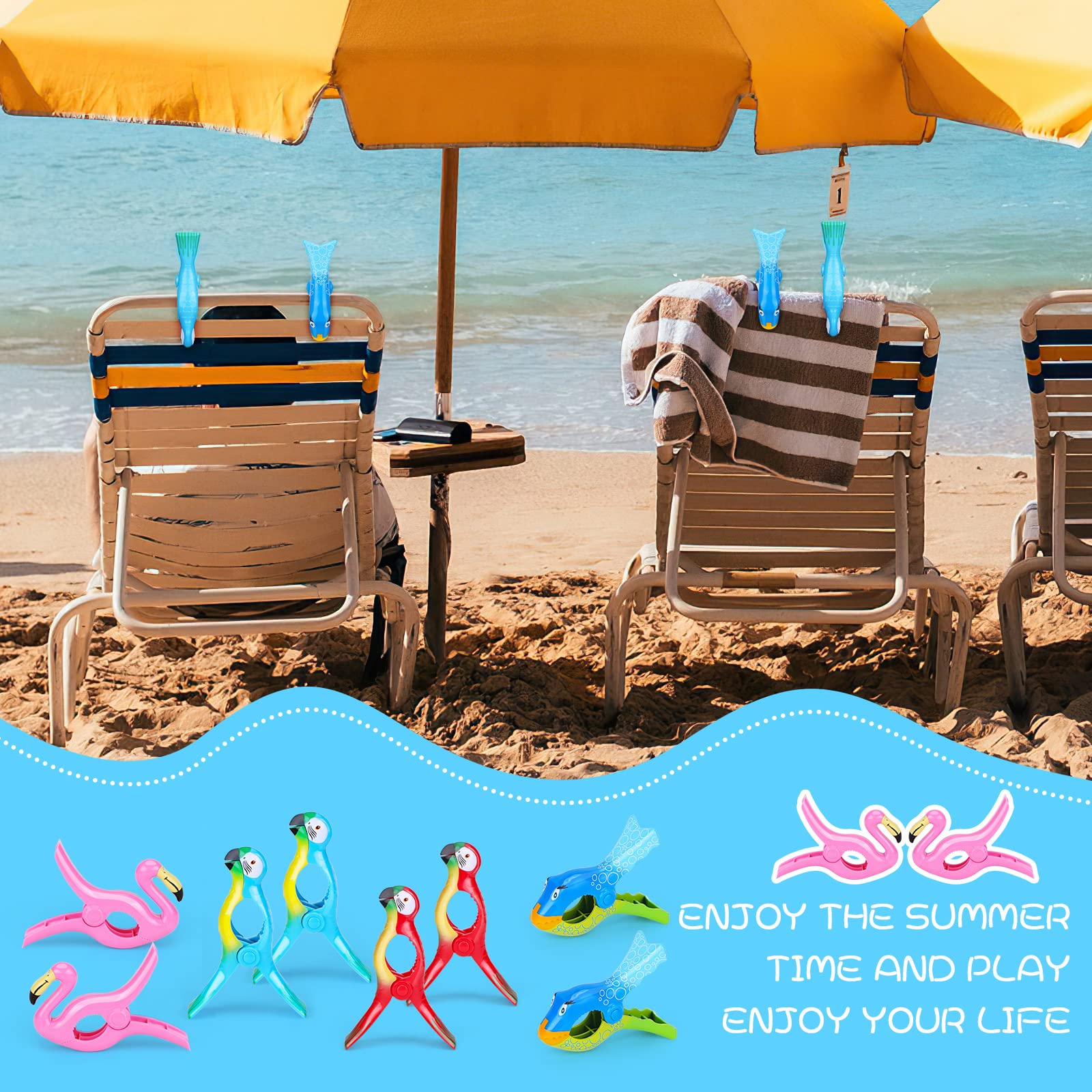 8 Pcs Beach Towel Clips Flamingo Parrot Chair Holders Portable Beach Chair Clips Cute Clothes Pins Bright Colors Jumbo Size Towe