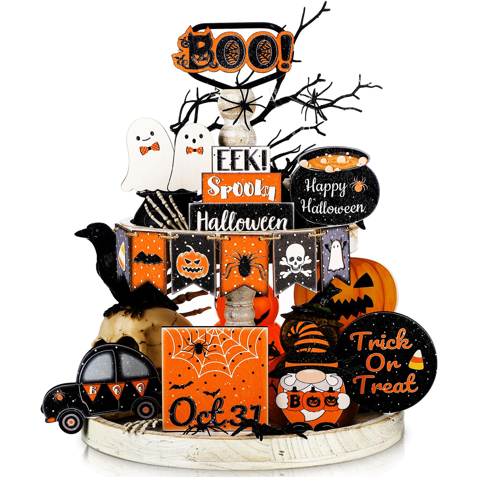 Thyle 15 Pcs Halloween Tiered Tray Decor Set Cute Halloween Wooden Signs Black and Orange Tray Signs Happy Halloween Wooden Sign