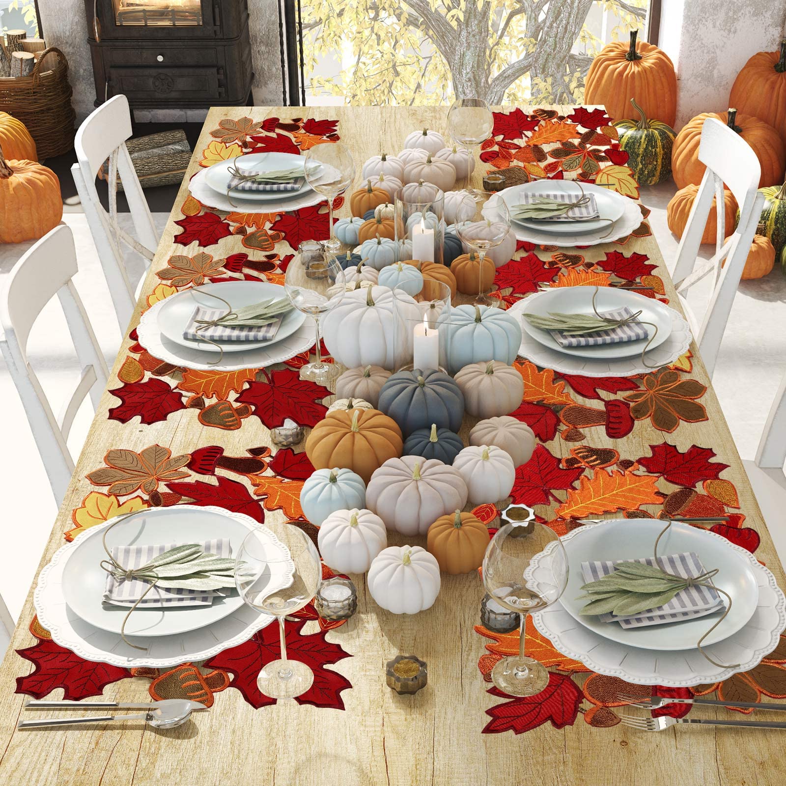 Fall Placemats Set of 6 Thanksgiving Place Mats Fall Autumn Maple Leaf Embroidered Placemats 11 x 17 Inch Thanksgiving Table Pla