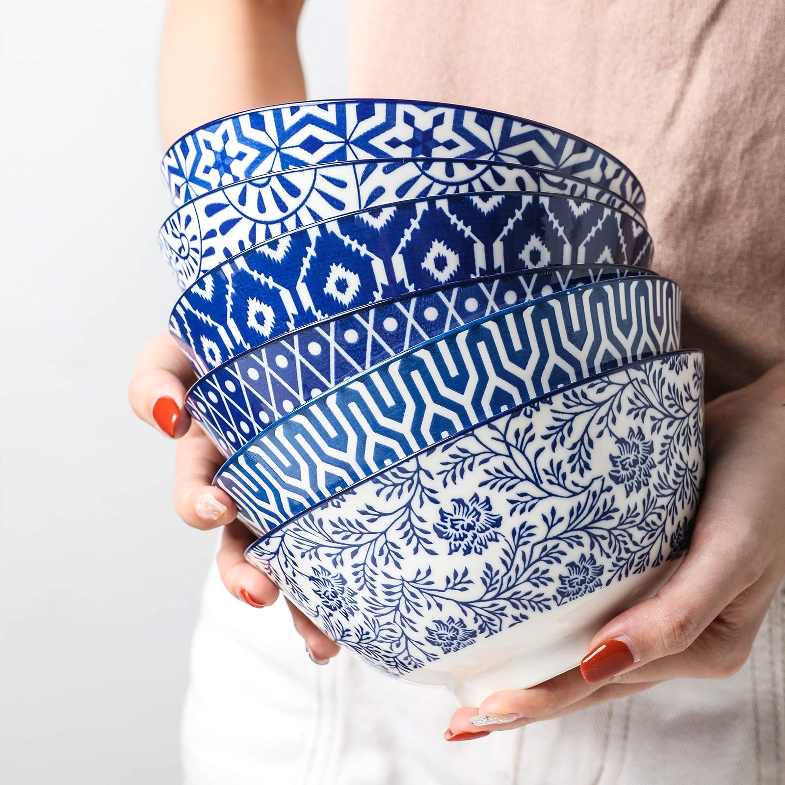 Selamica Blue And White Porcelain 20Oz Cereal Bowl Set - Set Of 6, 6 Inch Soup Bowls, Ceramic Bowls For Cereal, Soup, Salad And