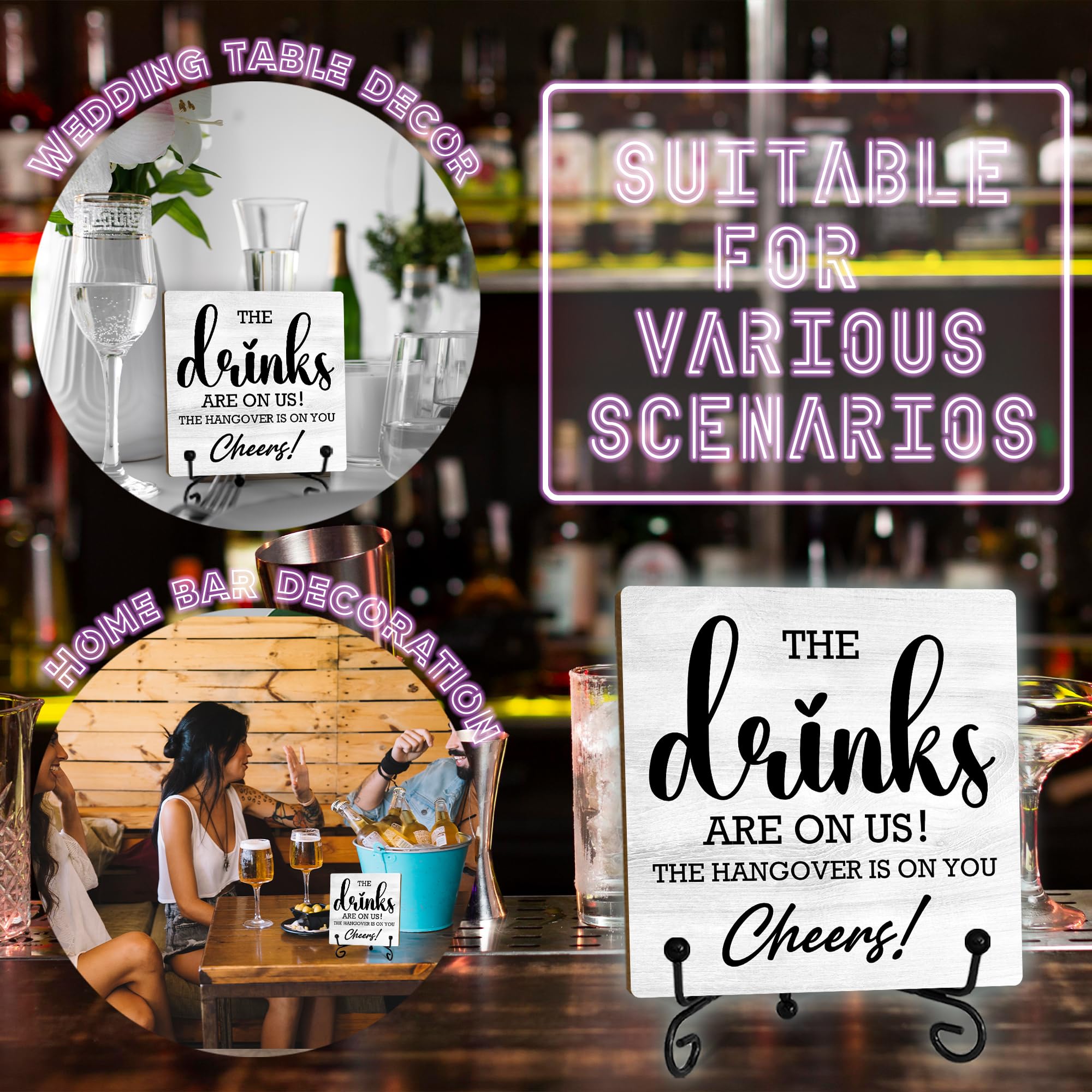 5 Inches Bar Decor, The Drinks Are On Us! Cheers! Desk Table Decoration, Wood Plaque with Stand for Home Bar decorations for hom