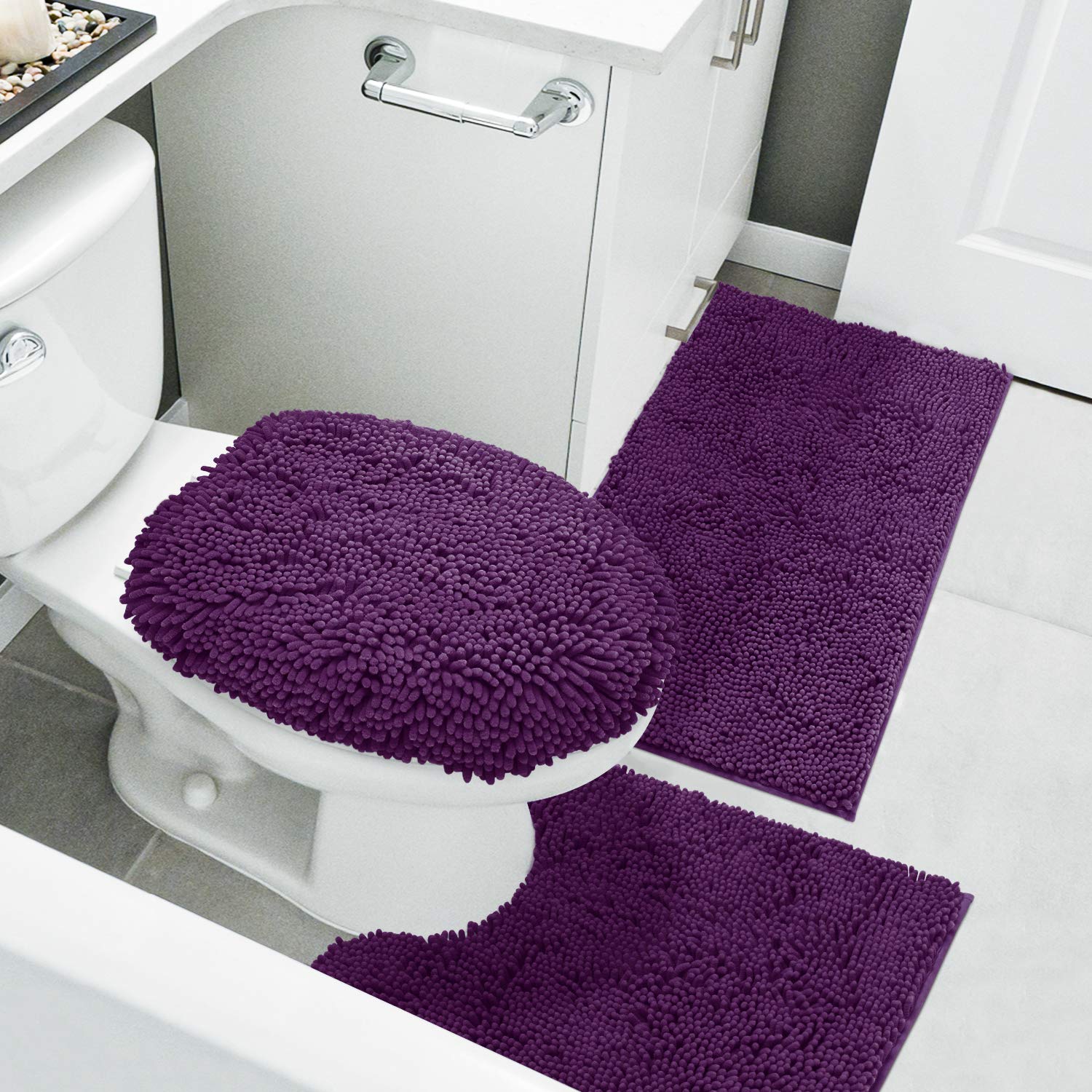 Homeideas 3 Pieces Dark Purple Bathroom Rugs Set, Ultra Soft Non Slip Bath Rug And Absorbent Chenille Bath Mat, Includes U-Shape