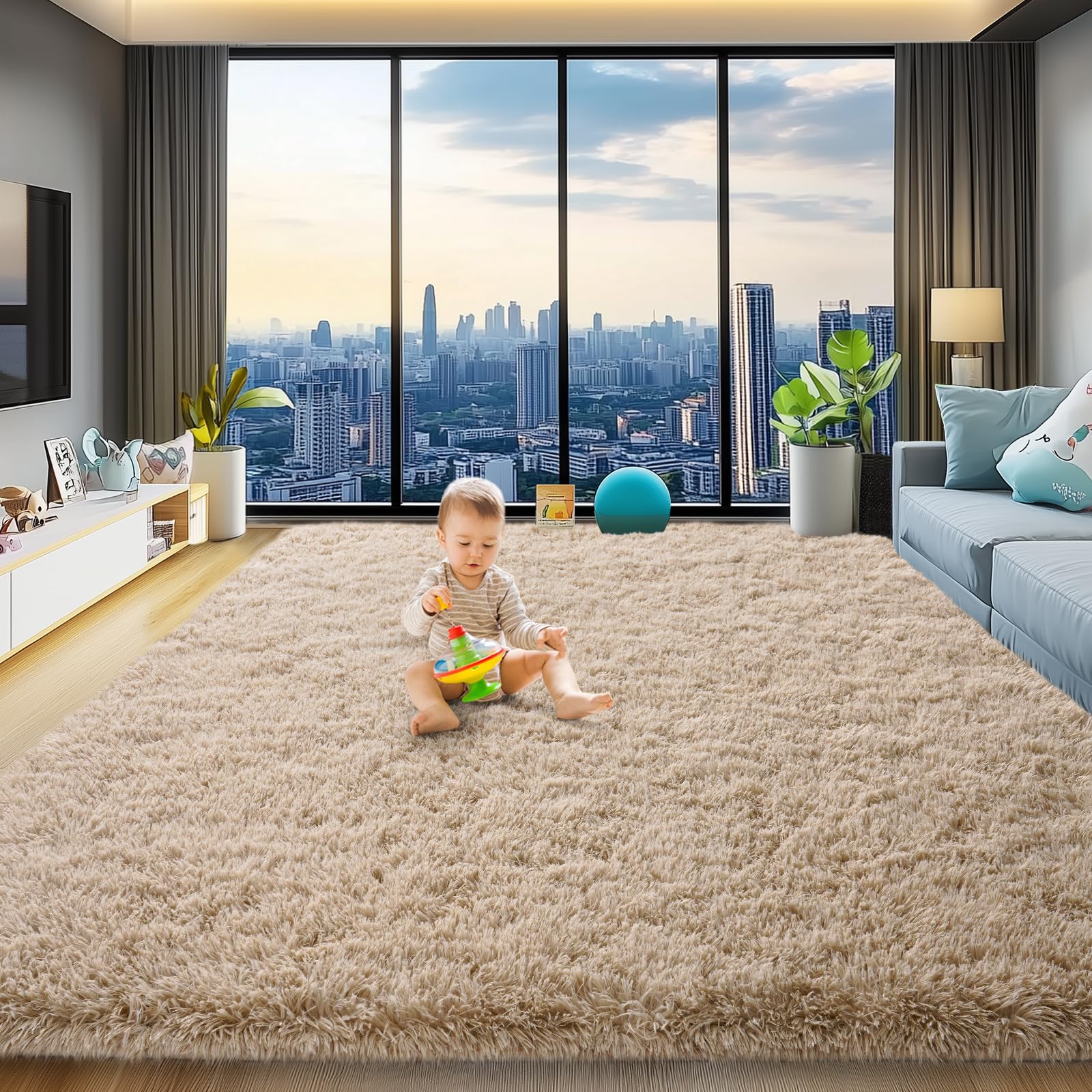 qulint 8x10 Area Rug for Living Room, Fluffy Shag Tan Rug for Bedroom Soft Large Carpet for Living Room, Shaggy Fuzzy Alfombra f