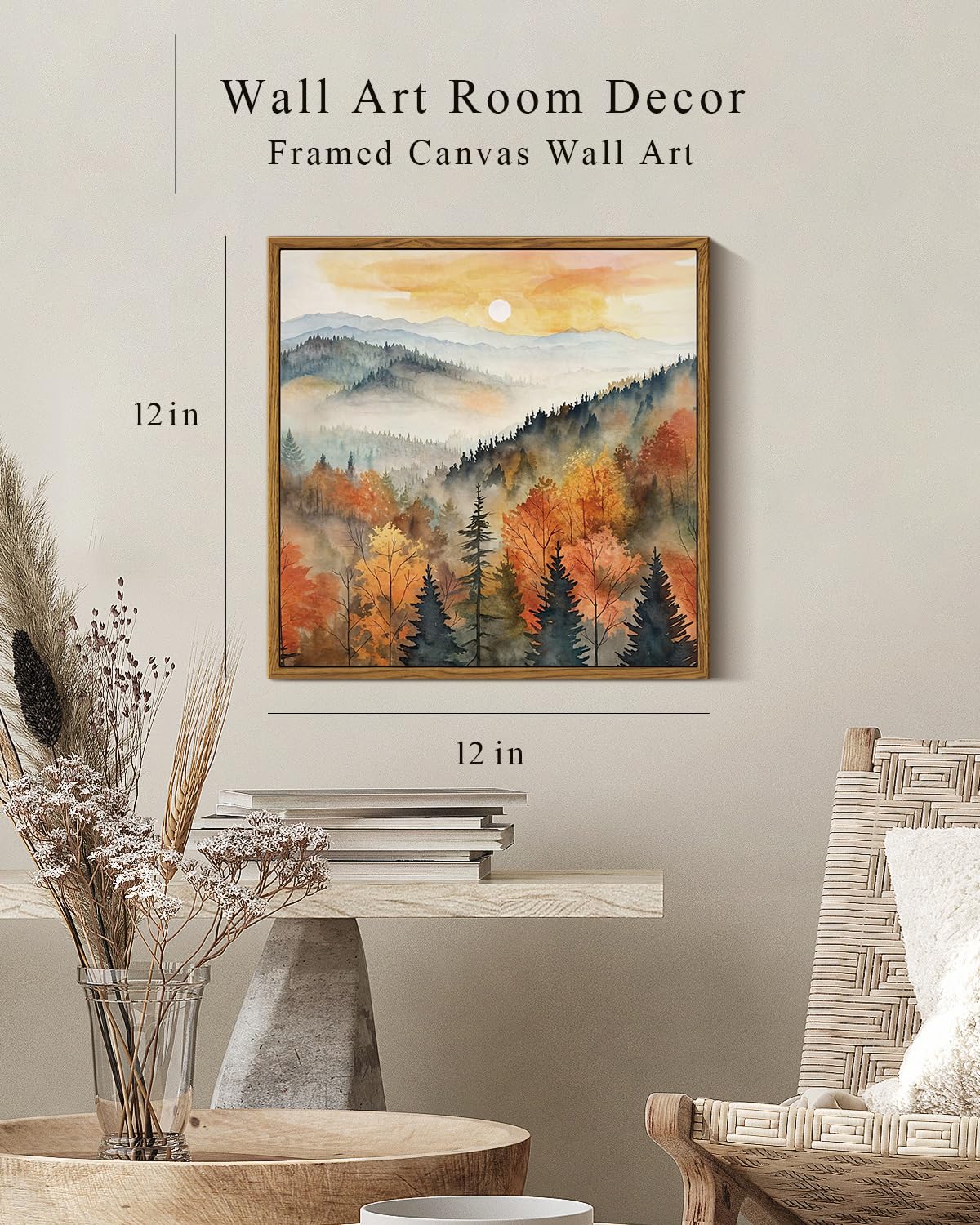 Insimsea Square Framed Canvas Wall Art, Nature Scenery Decor Farmhouse Quiet Forest Awakening Wall Art Prints, Autumn Fall Class