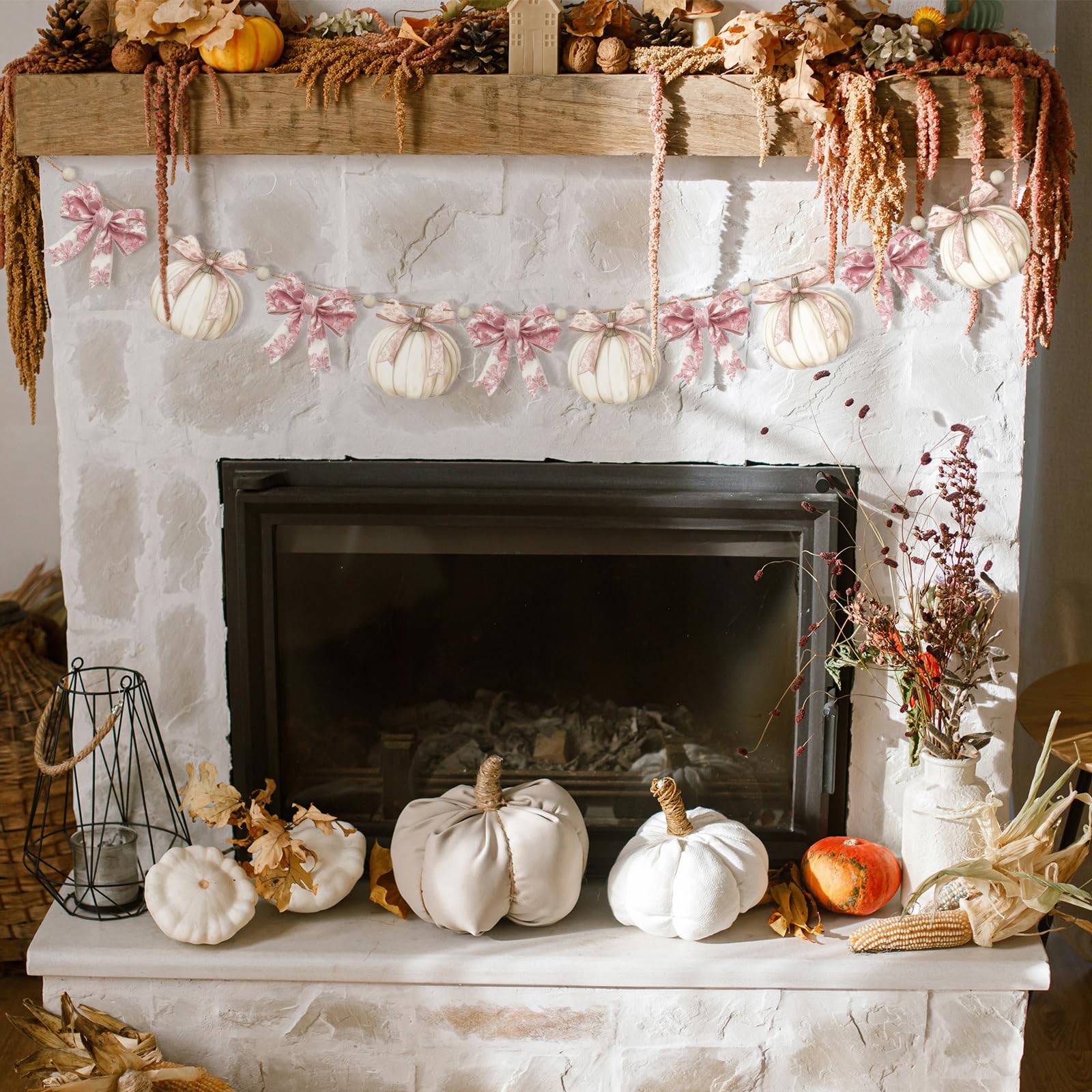 Cinnvoice 8.2 ft Fall Decorations Wooden Bow Pumpkin Garland Pink Bow Banner Thanksgiving Fall Banner Rustic Farmhouse Wood Bead