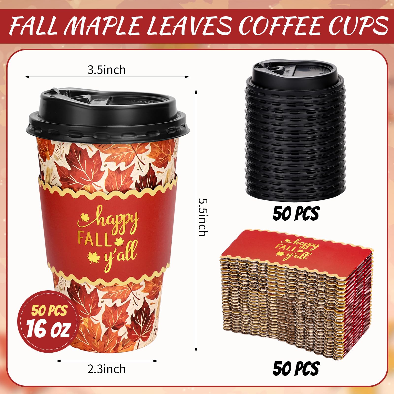 Whaline 50Pcs 16Oz Fall Thanksgiving Disposable Coffee Cups with Lids and Sleeves Orange Brown Red Maple Leaf Paper Drinking Cup