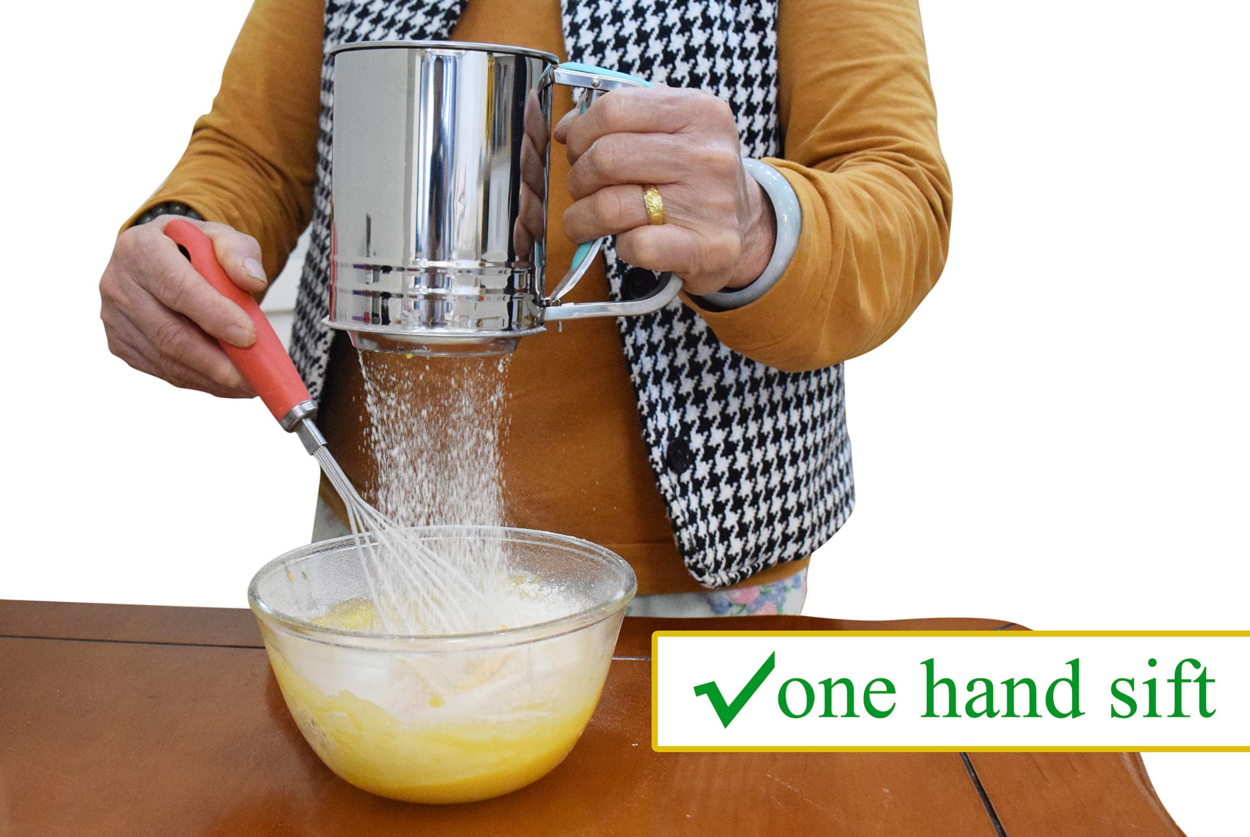 3-Cup Stainless Steel Flour Sifter,Squeeze Sifter For Baking With Compatable Silicone Handle (Green)