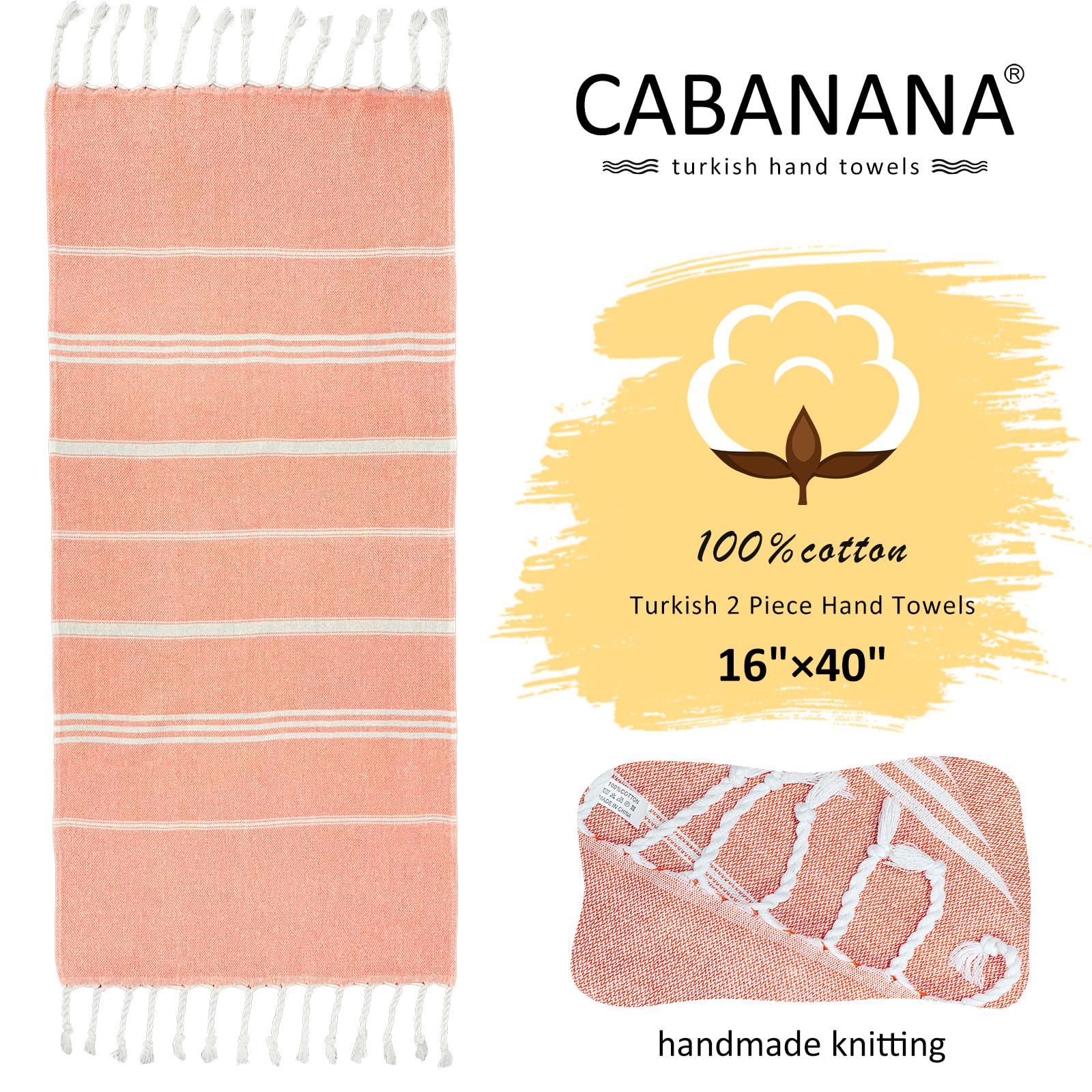 Cabanana Cotton Turkish Hand Towel - Set Of 2 | Boho Kitchen Tea Towels, 40 X 16 Inches Thin Decorative Bathroom Towel (Coral)