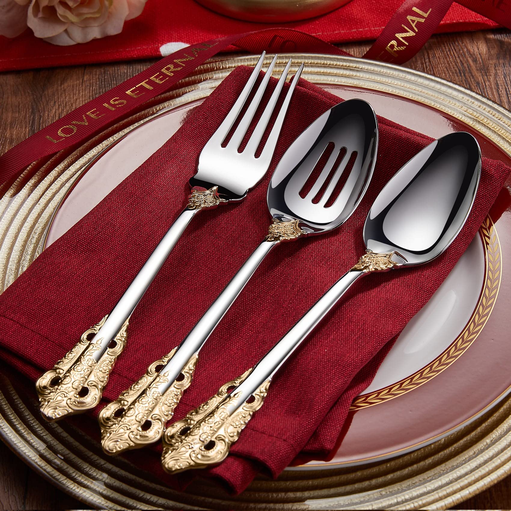 Keawell Gorgeous 5-Piece 18/10 Stainless Steel Hostess Serving Utensil Set, Dishwasher Safe, Gold Accent
