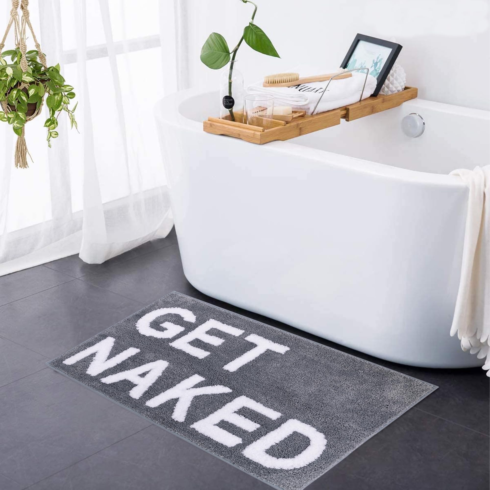 Qubomax Get Naked Bath Mat - Non-Slip, Super Absorbent, Funny Bathroom Rug, Machine-Washable, Cotton & Microfiber, 32''X20'' (Gr