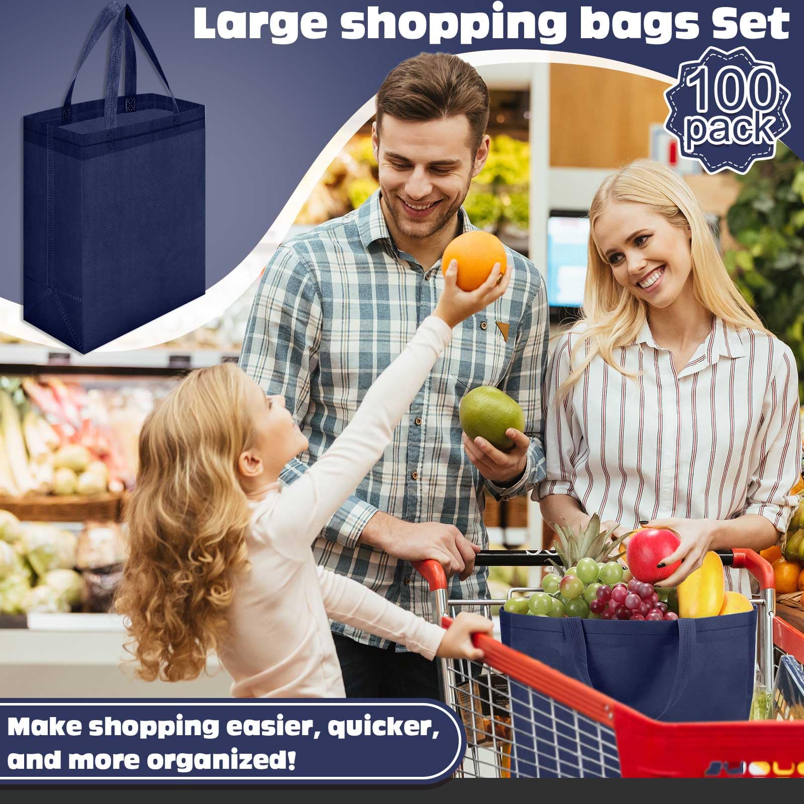 Windyun 100 Pcs Reusable Tote Bag Bulk 8 x 4 x 10 Inch Non Woven Shopping Bag with Handle Reusable Grocery Gift Tote (Navy Blue)