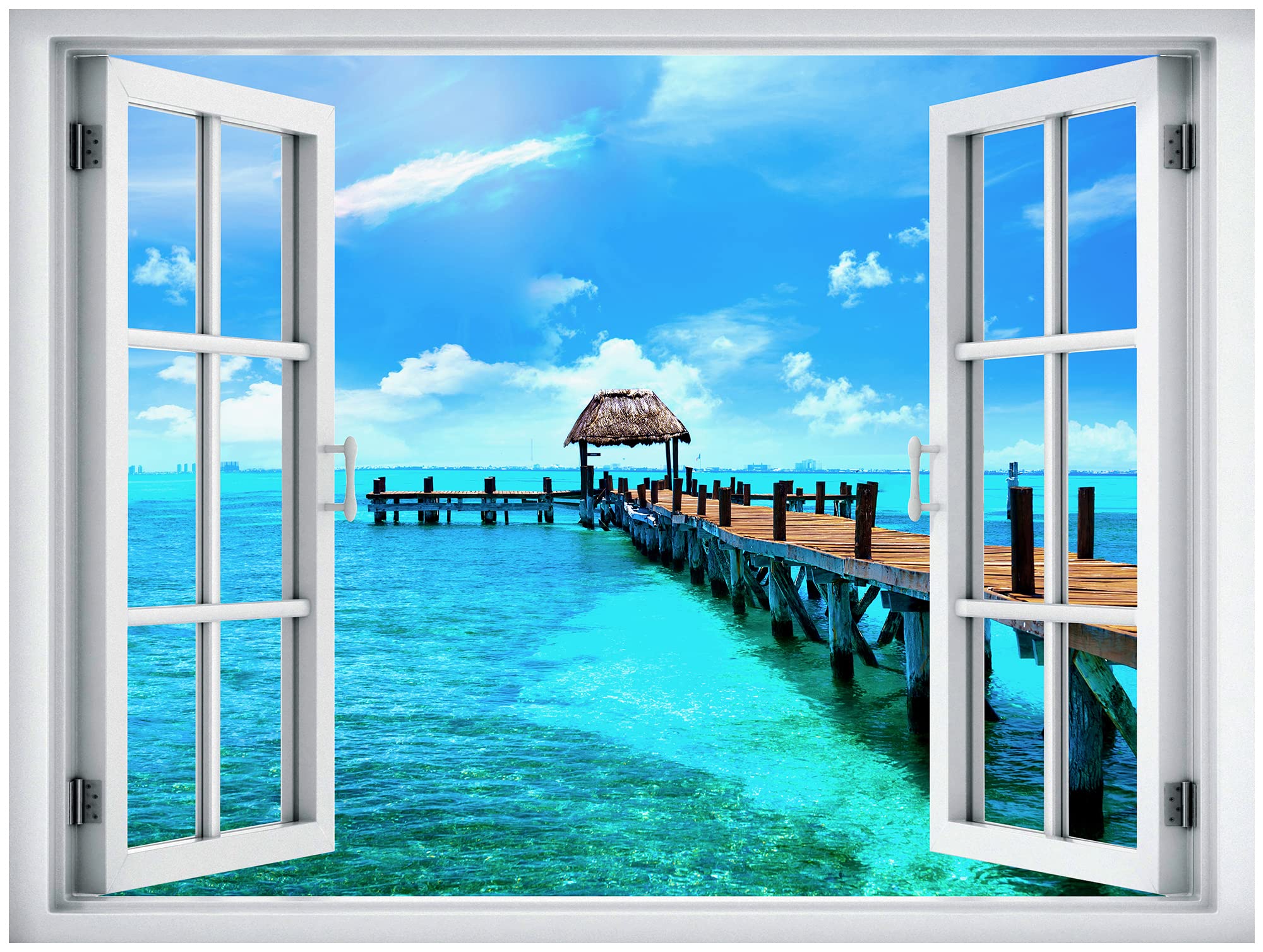 Wall26 Removable Wall Sticker/Wall Mural Window View Tropical Beach Ocean Horizon Hawaiian Pier Nature Wilderness Photography Re