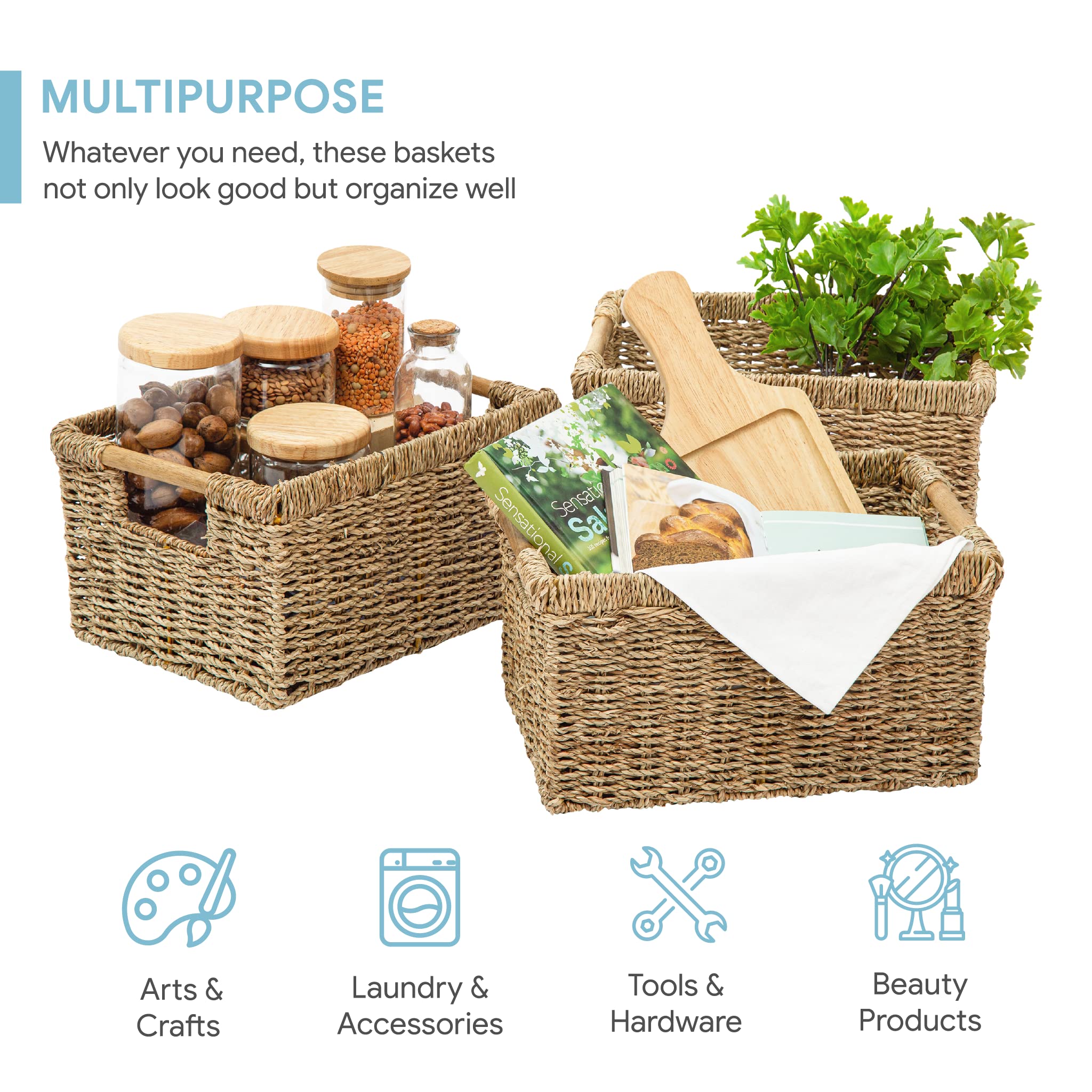 Natural Seagrass Basket With Wooden Handle, Medium Rectuangular Wicker Basket For Living Room 12.2 X 8.9 X 6.7 Inches - 3 Pack