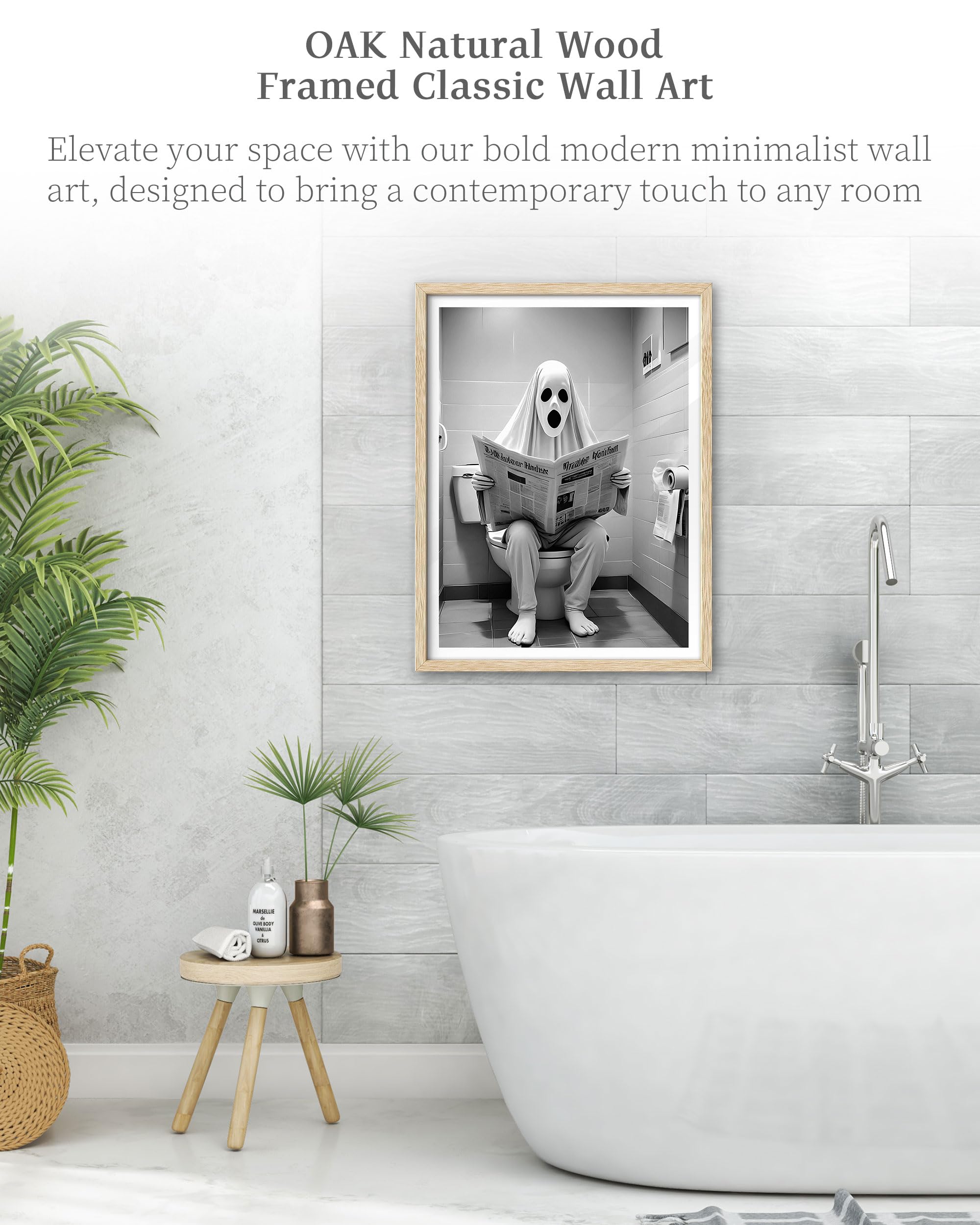 Ihery Natural Oak Wood Ghost Reading Newspaper On Toilet Framed Wall Art, 12X16 In Canvas Prints, Black And White Hypebeast Bath