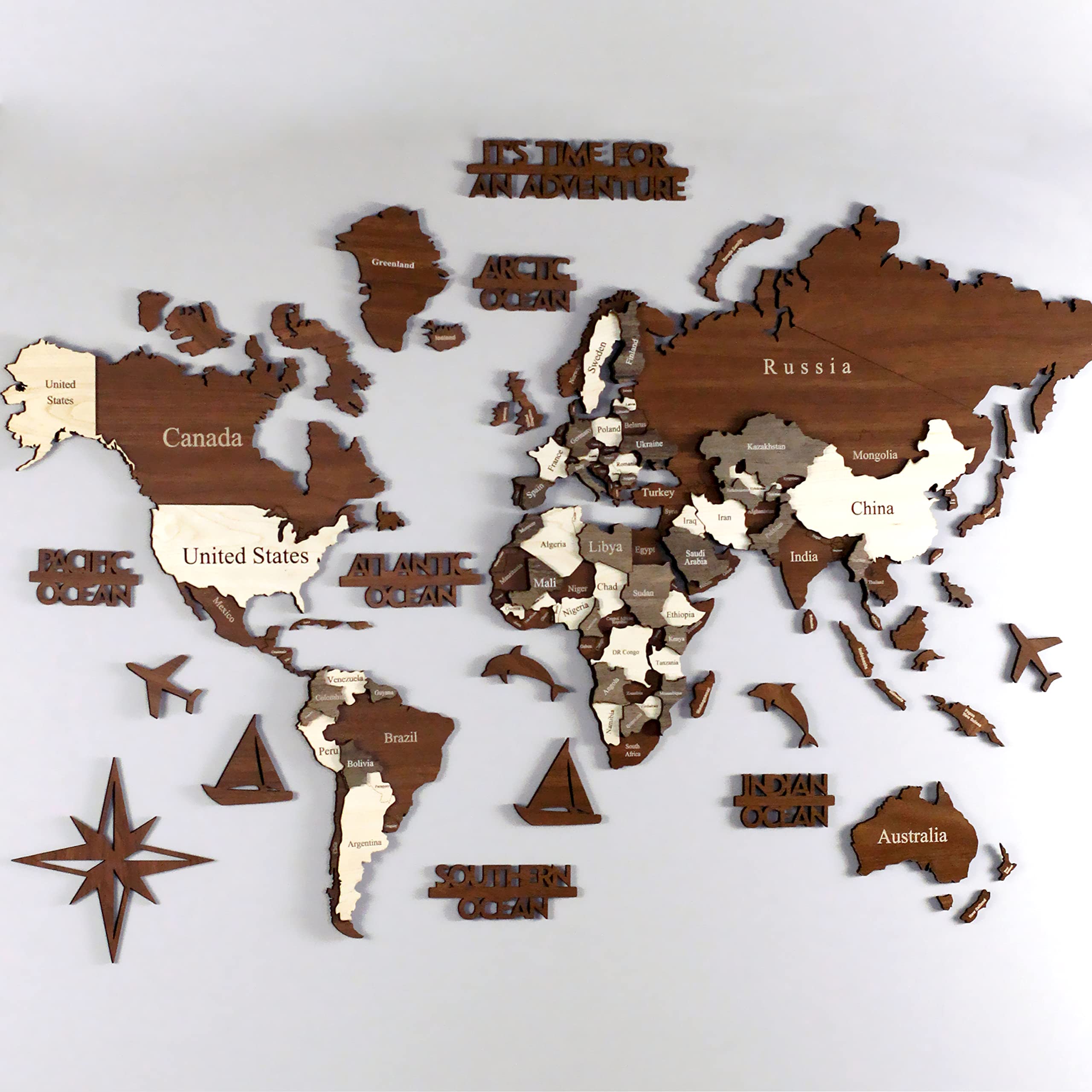 Colorfull Worlds 3D Wooden World Map - Wall Art Decor, 39x24 inches, Mixed Color, Housewarming/Birthday Gift, Model 2022-01013