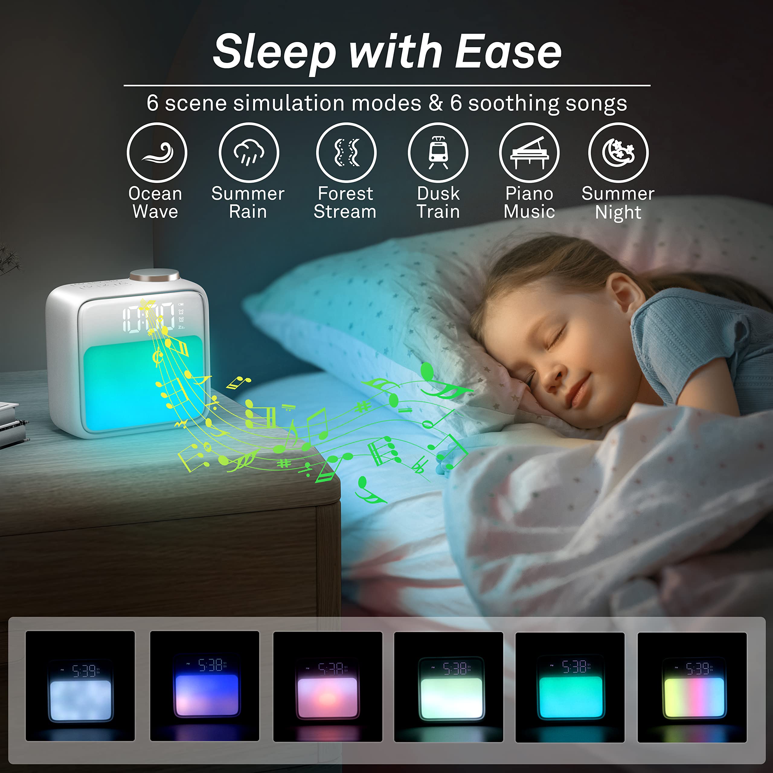 AIRIVO Alarm Clock Night Lights, Built-in Battery Alarm Clock for Bedrooms, 6 Scenes & White Noise Sync, Dual Alarms & Snooze, f