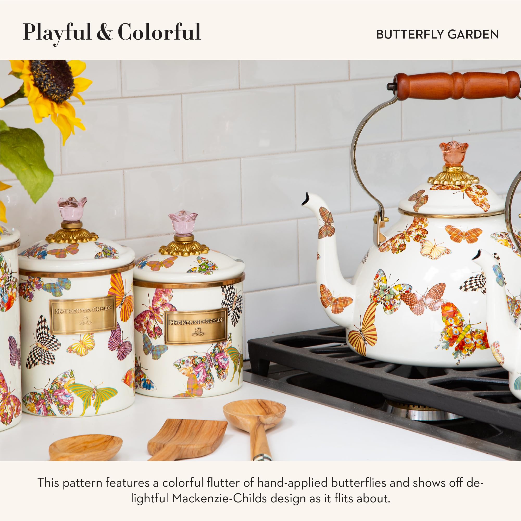 Mackenzie-Childs Butterfly Garden Enamel Canister, Pretty Kitchen Storage Container With Lid, Small