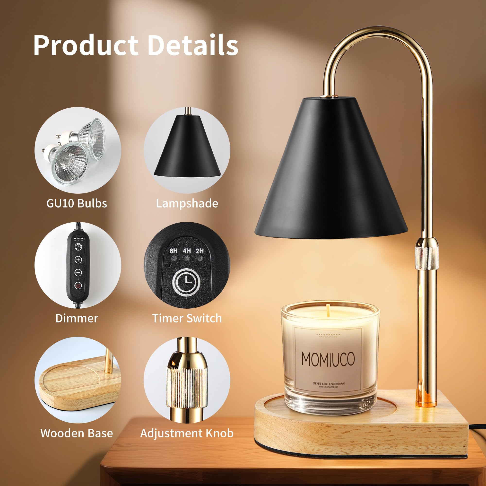 MOMIUCO Candle Warmer Lamp with Timer & Dimmer, Adjustable Height, Black Triangle, Metal, Model MOMIUCO-CL3, Perfect for Home Decor & Gifts
