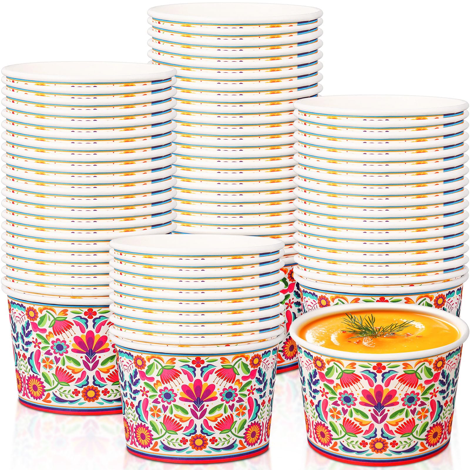 Potchen 50 Pack 9 oz Mexican Paper Bowls Fiesta Paper Cups Mexican Themed Flower Disposable Soup Bowls Snack Cups Plates Cinco D