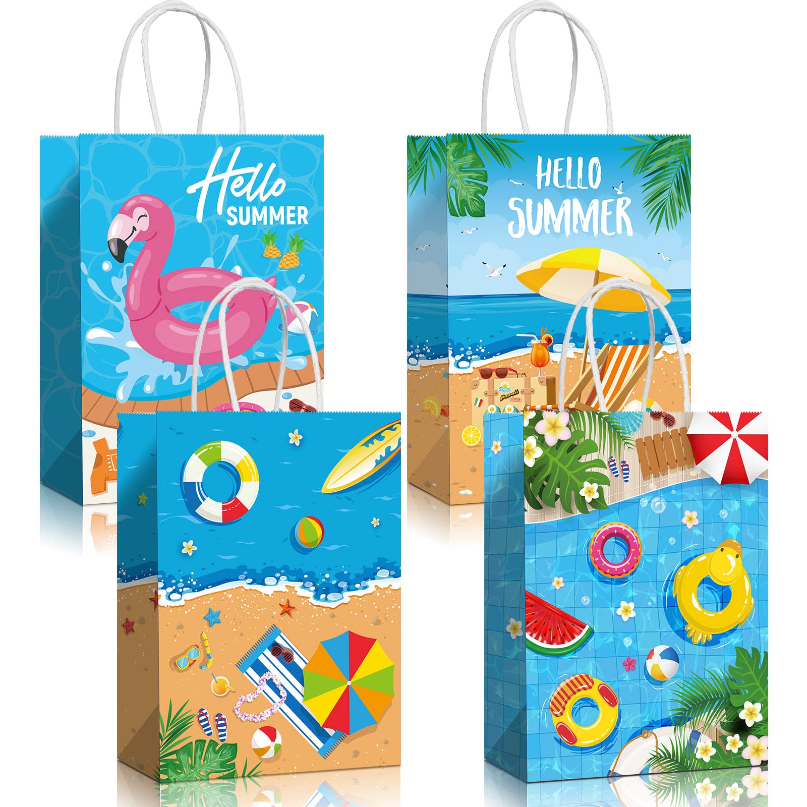 Pajean 16 Pcs Beach Party Paper Bags, Summer Pool Goodie Candy Gift Treat Bags For Luau Tropical Beach Party Favors Supplies