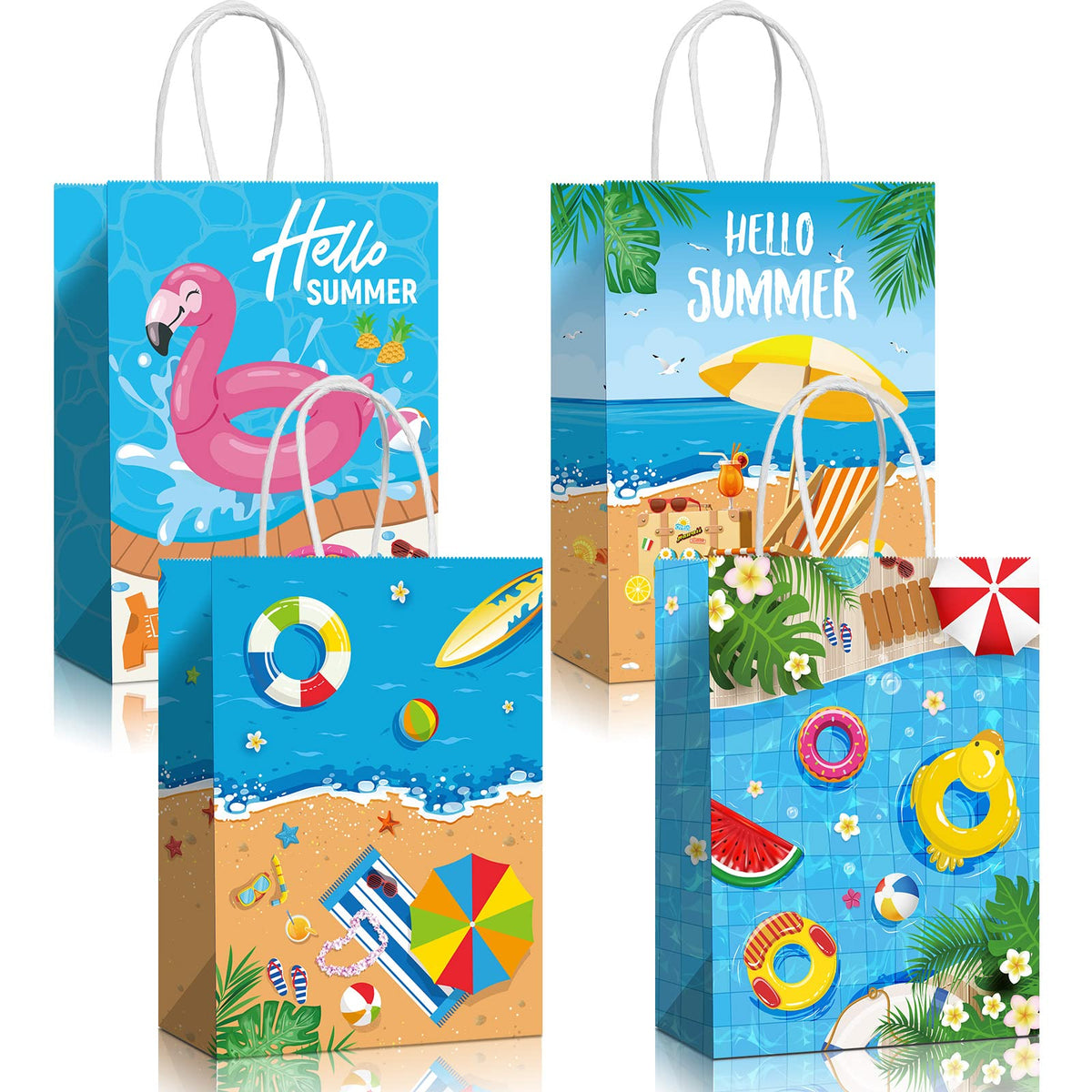 Pajean 16 Pcs Beach Party Paper Bags, Summer Pool Goodie Candy Gift Treat Bags For Luau Tropical Beach Party Favors Supplies