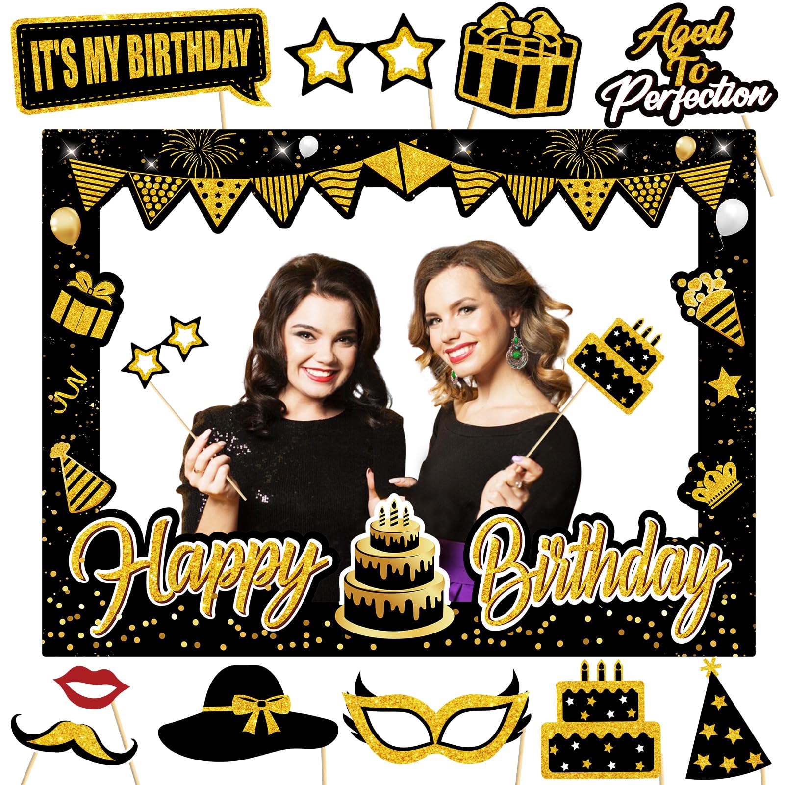 Turypaty Birthday Party Decorations for Boys & Girls - Black & Gold Photo Booth Props & Selfie Frame Set