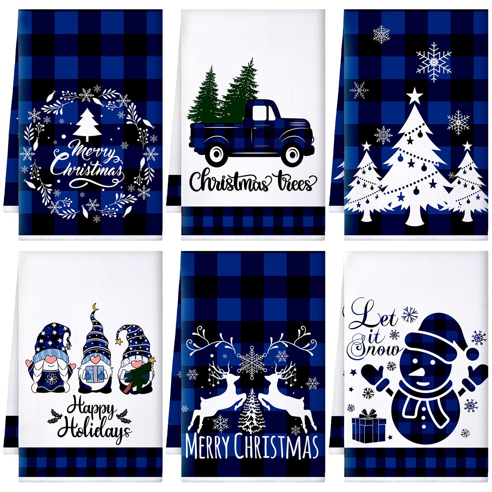 Sratte 6 Pcs Christmas Kitchen Towels Blue Black Buffalo Plaid Tea Dishtowels Absorbent Winter Gnome Truck Snowman Bathroom Hand