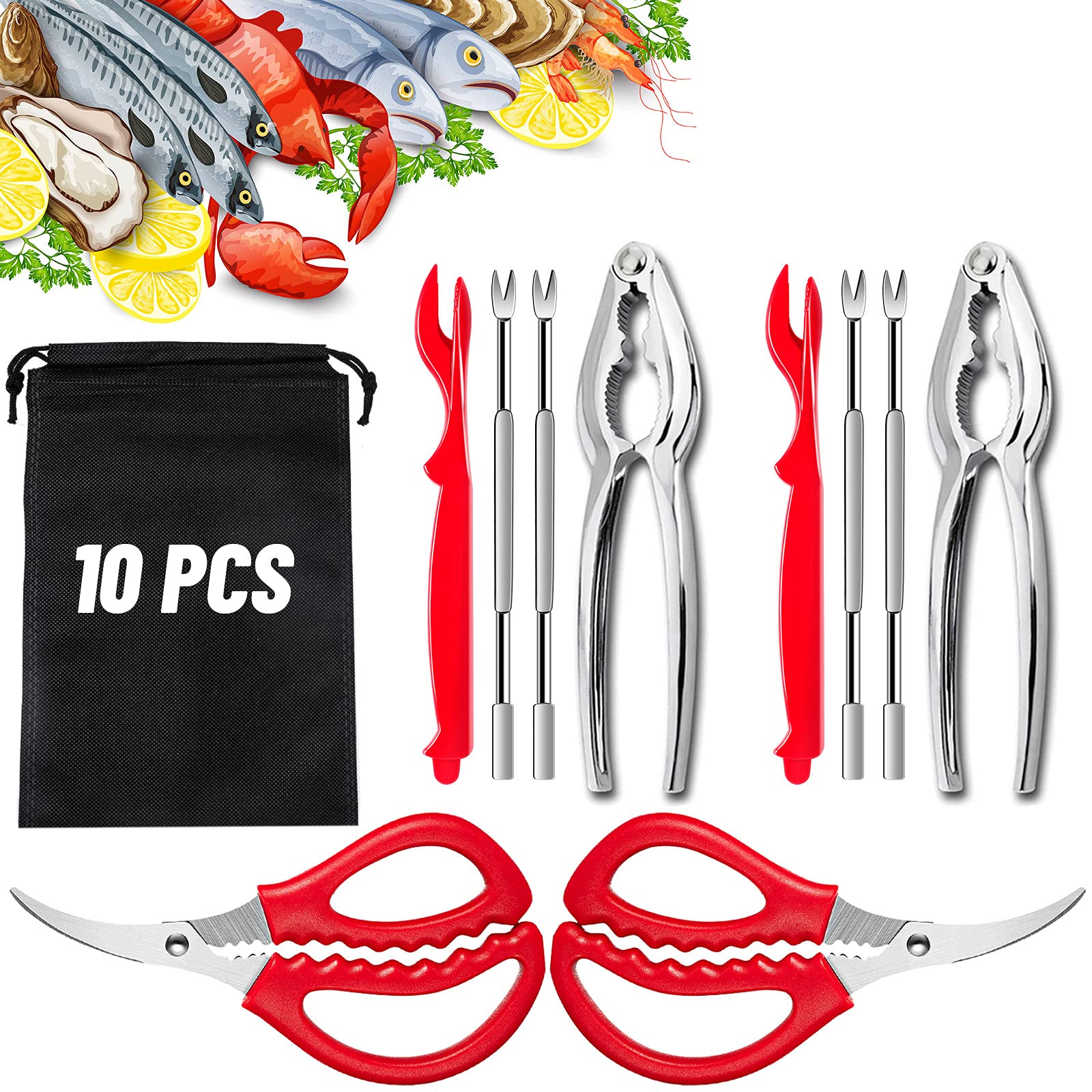 10 Pcs Seafood Tools Set - Crab Lobster Crackers Stainless Steel Forks Opener Shellfish Lobster Crab Leg Sheller Seafood Scissor