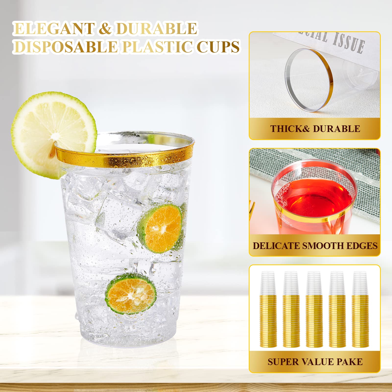 Vplus 150Pack 12 Oz Gold Rimmed Plastic Cups, Reusable Clear Plastic Cups, Disposable Heavy Duty Plastic Cups Perfect For Weddin