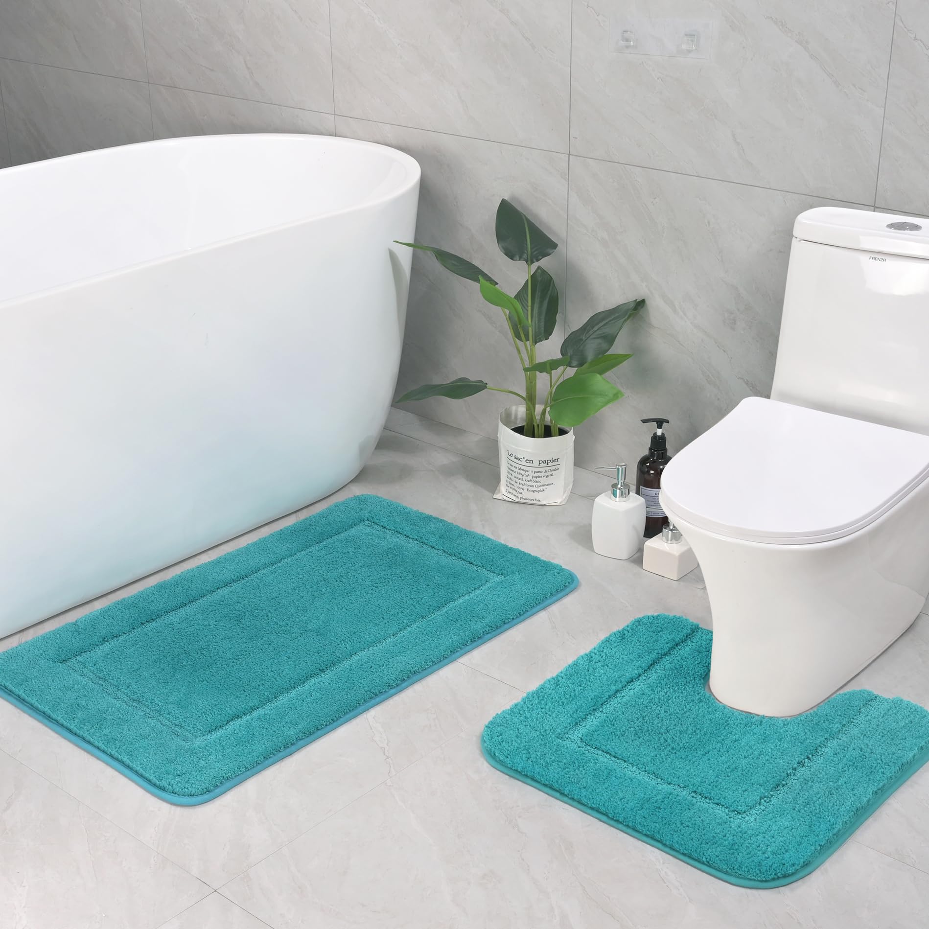 Lochas Bathroom Rug Set Teal Blue, Soft Bath Rug Set 2 Piece Set, Toilet Mat U-Shaped 20X20 And 34X20 Bathroom Rugs, Quickly Dry