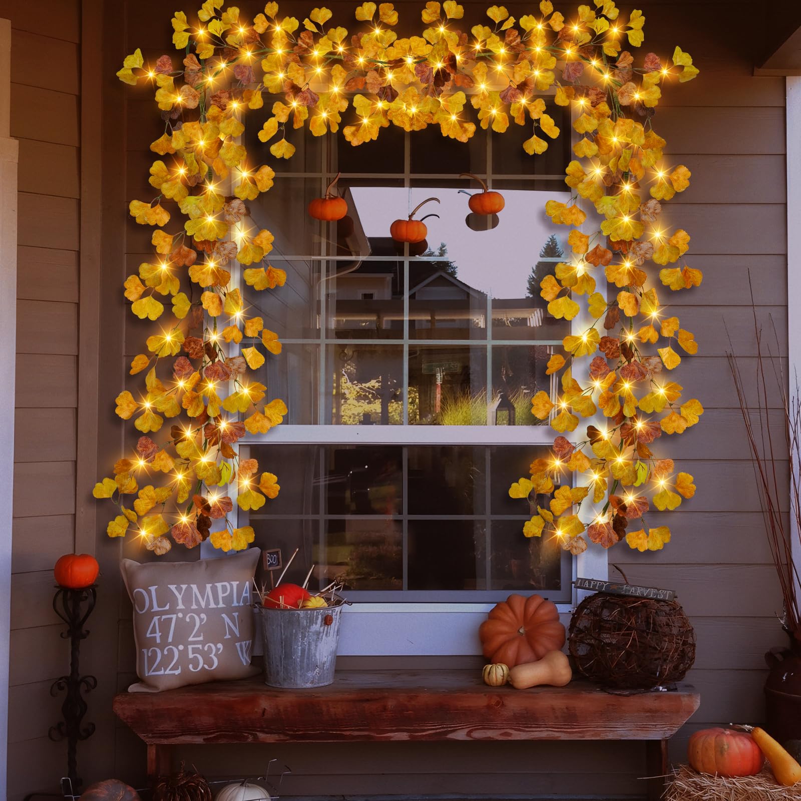 Ruidazon 6FT Fall Garland with Lights, Battery Operated Lighted Fall Leaves Garland Autumn Ginkgo Leaf Lights for Indoor Outdoor