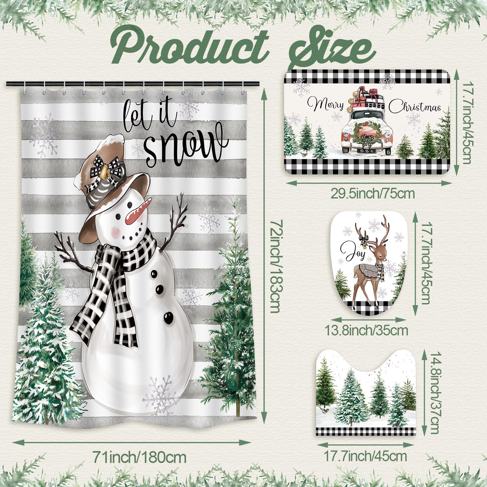 Teenyyou 4 Pcs Christmas Shower Curtains Set with Non Slip Rug Winter Christmas Bathroom Decor Toilet Lid Cover and Bath Mat Sno