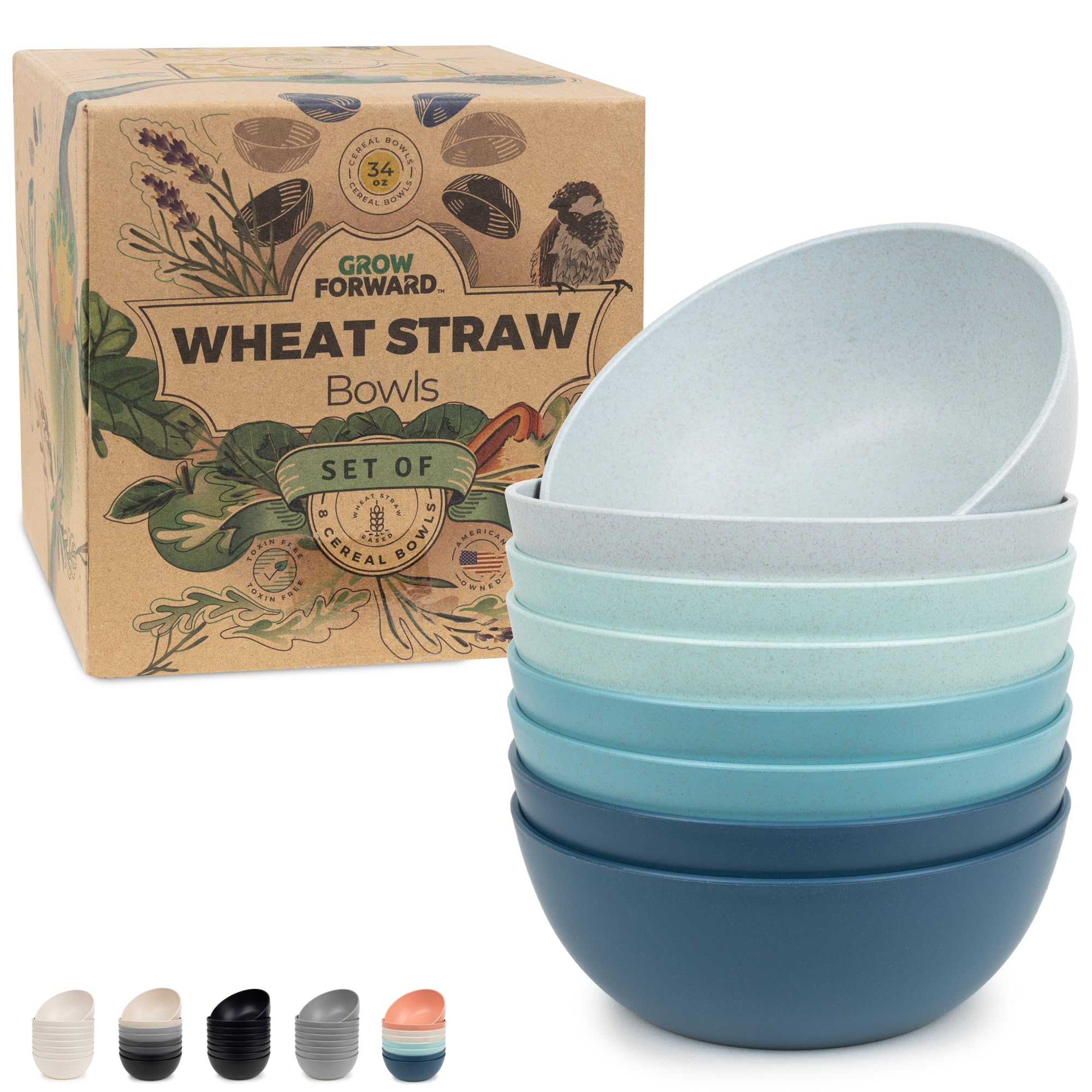 Grow Forward Premium Wheat Straw Bowls Set Of 8 - Reusable 34Oz Hard Plastic Cereal Bowls - Unbreakable Microwave Safe Bowls For