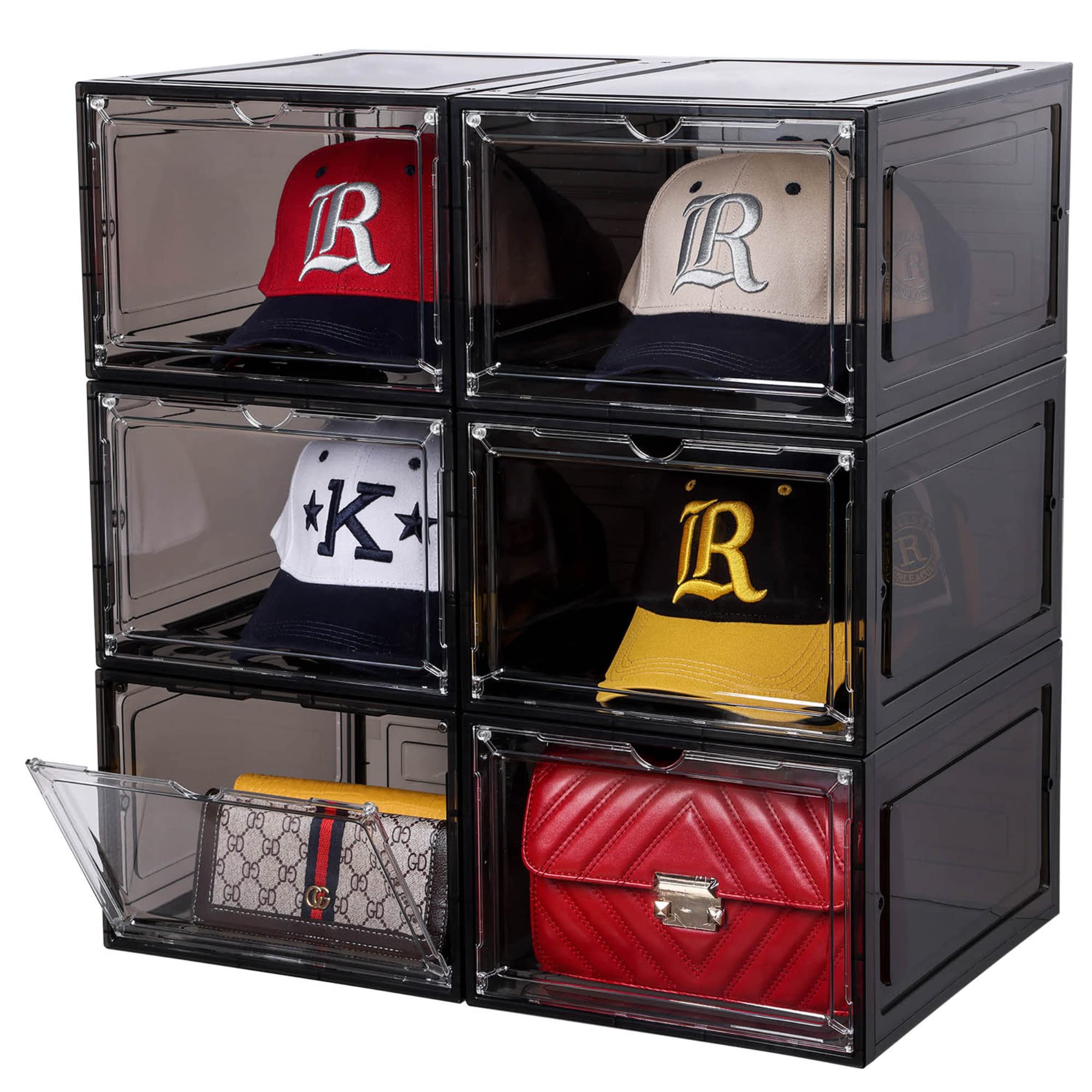 Attelite Hat Organizer For Baseball Caps, Set Of 6, Stackable Hat Storage Box, Hat Holder With Transparent Magnetic Door, Hat Ra