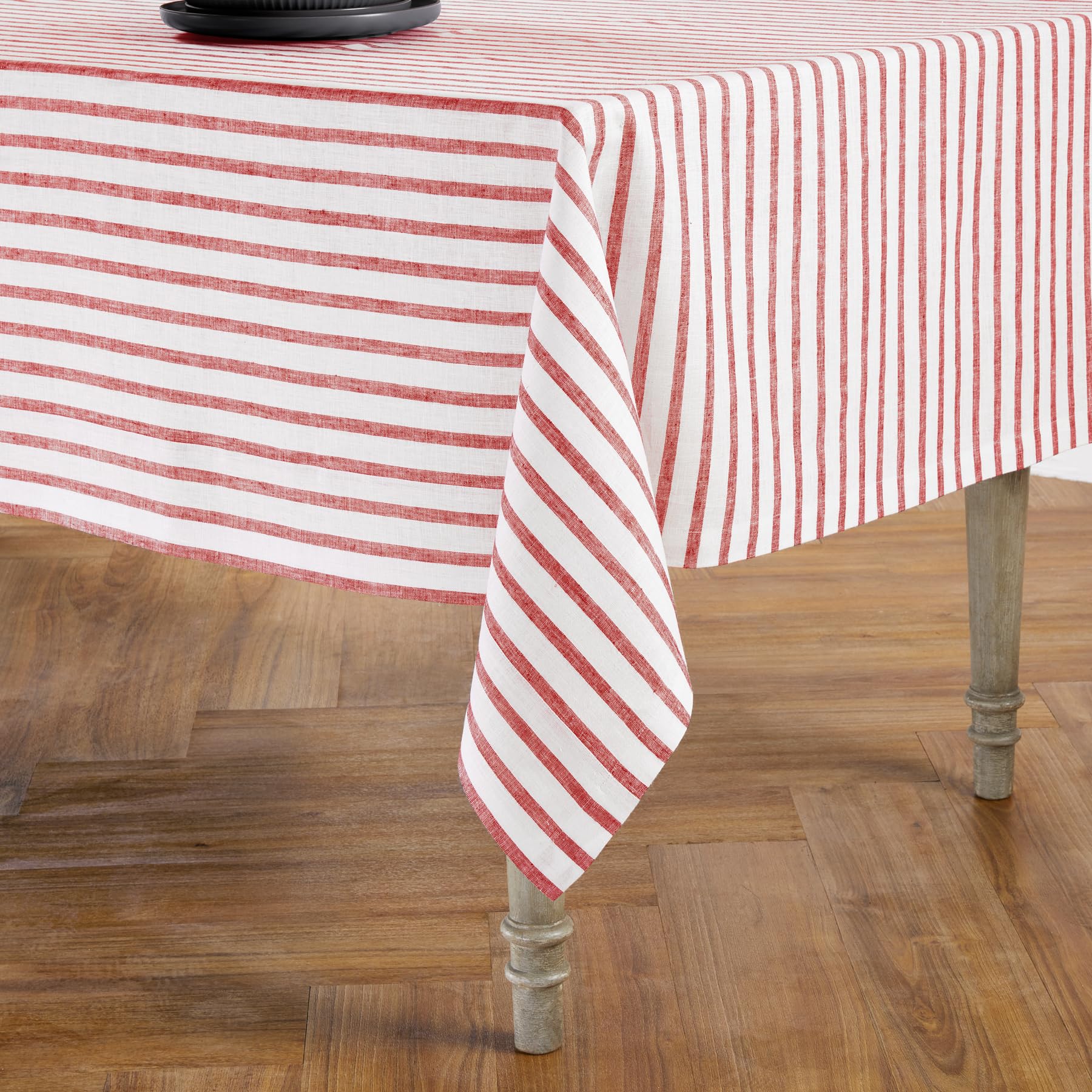 Solino Home Stripe Linen Tablecloth - 100% Pure Linen Red And White Tablecloth 90'' L X 60'' W For Spring - Handcrafted And Mach