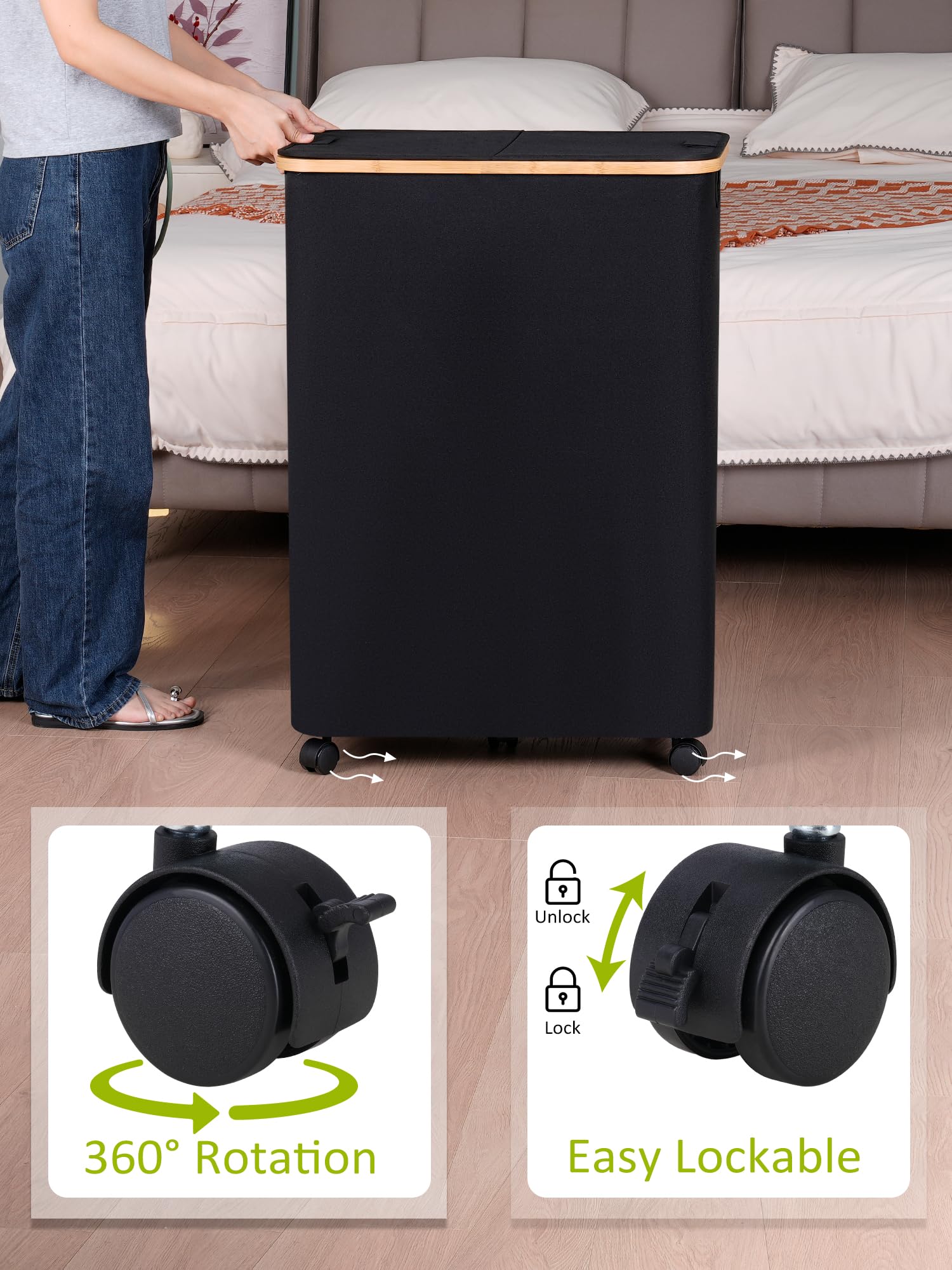 Efluky Double Laundry Hamper With Wheels, Divided Laundry Hamper With Removable Bags, 2 Section Dirty Clothes Basket With Handle