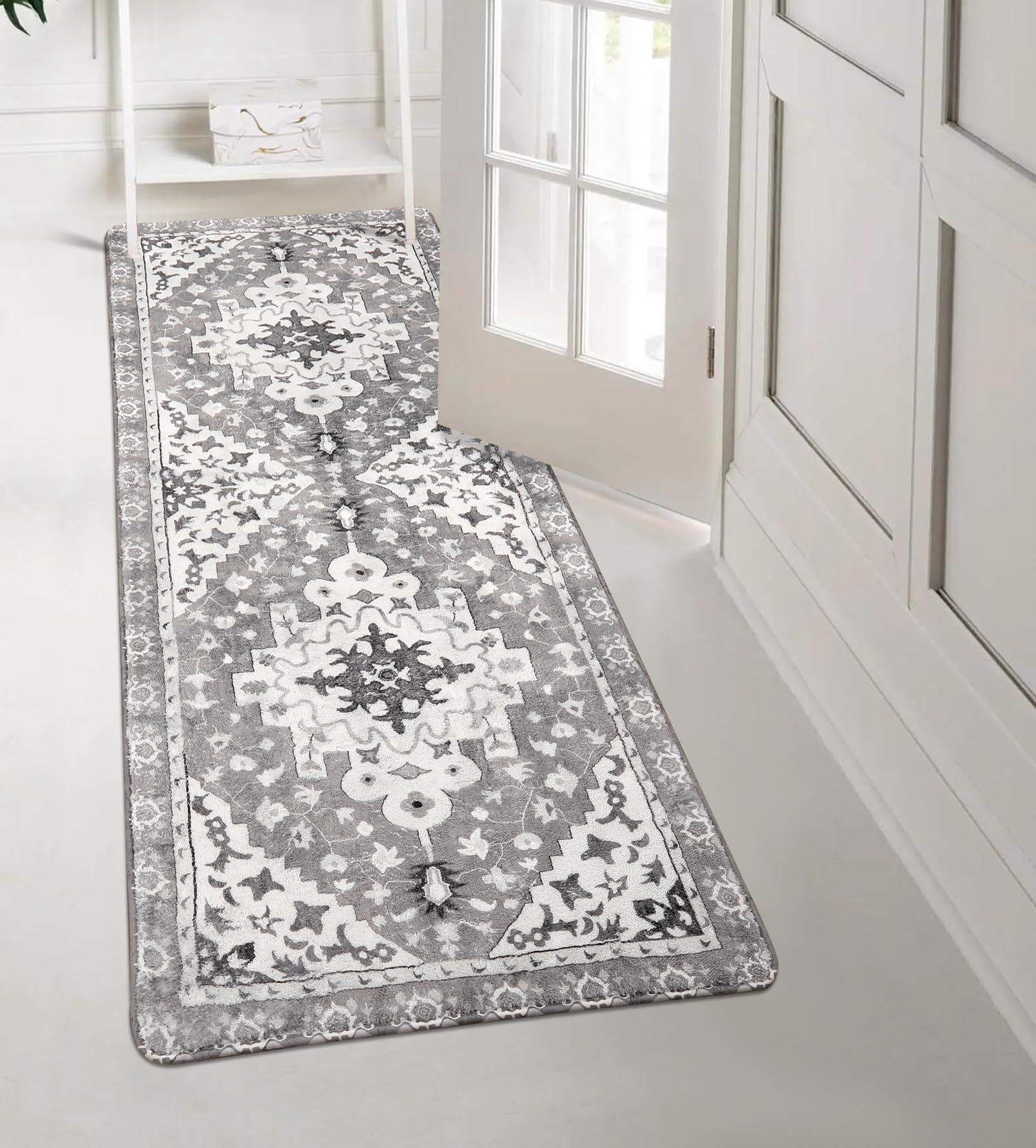 Uphome Boho Vintage Bathroom Runner Rug Gray Non-Slip Soft Bedroom Rug Machine Washable Oriental Hallway Rug Traditional Tribal