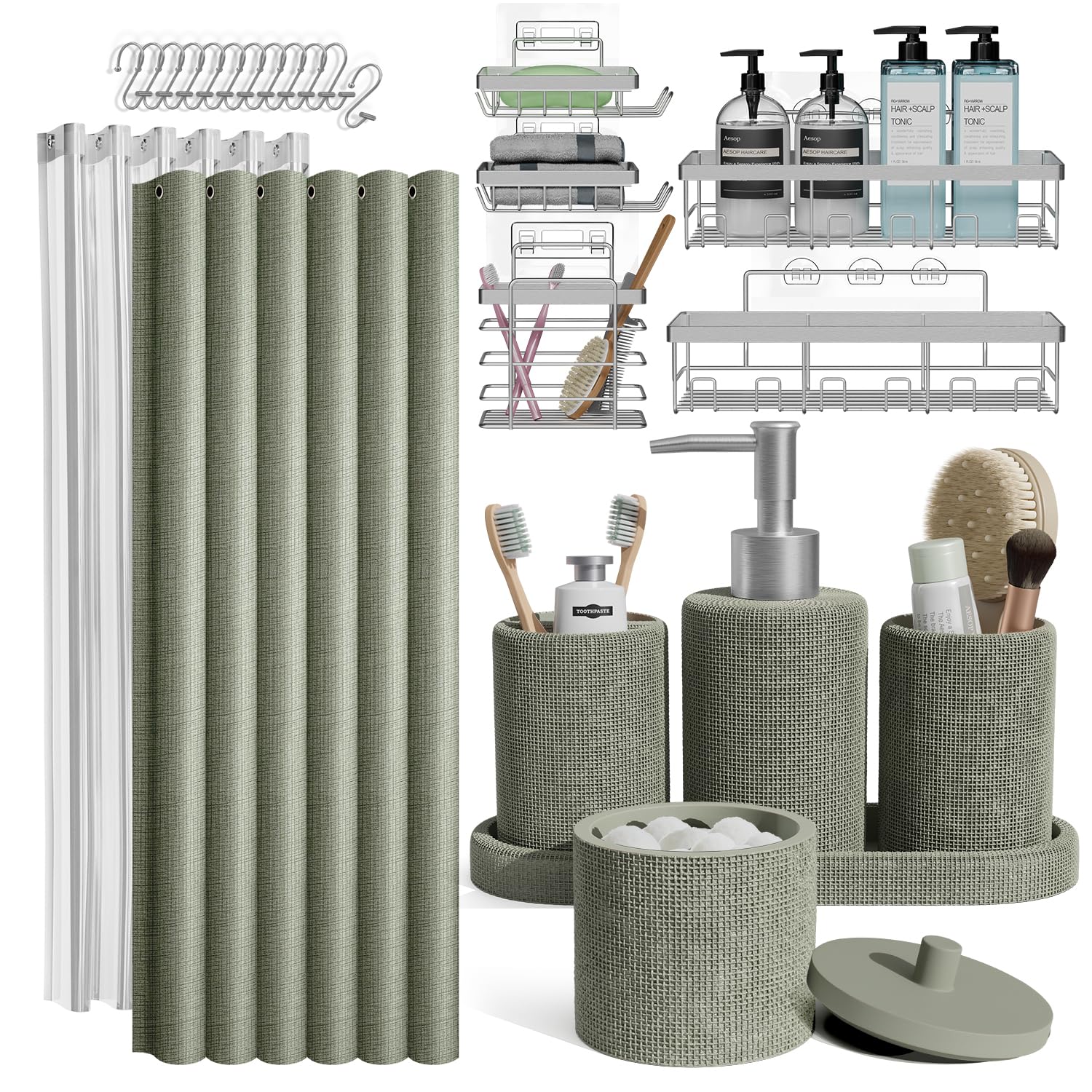 Clara Clark Sage Green Bathroom Set - Bathroom Accessories Set, 24PC Bathroom Accessory Set, Bathroom Sets with Shower Curtain S