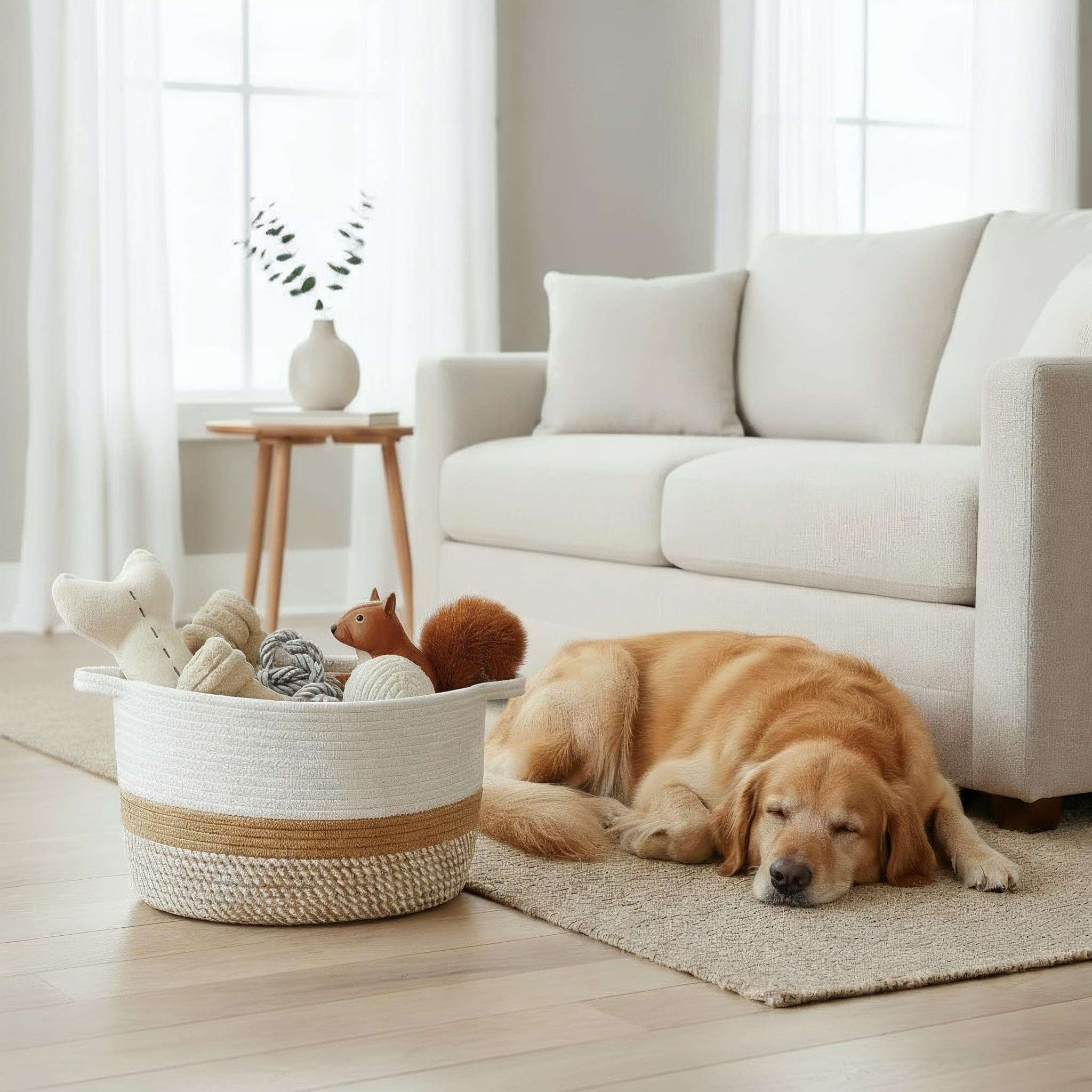 Stylish Cotton Rope Storage Basket For Dog Toys, Magazines or Books - The Perfect Woven Bin with Handles For Everyday Organizati