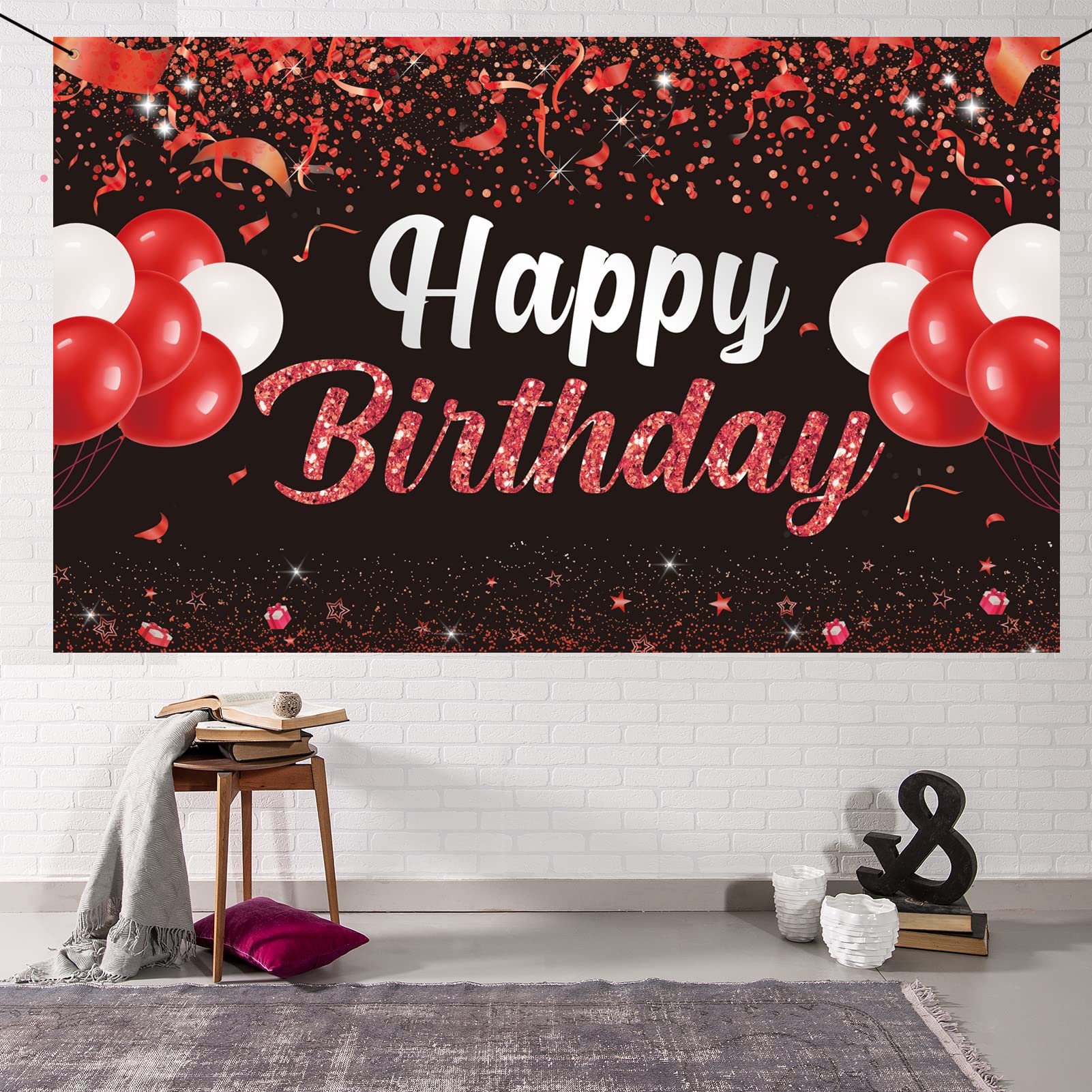 Trgowaul Happy Birthday Banner Backdrop - Red Black Birthday Party Decorations, Birthday Party Supplies Kids Men Women, Bday Gif