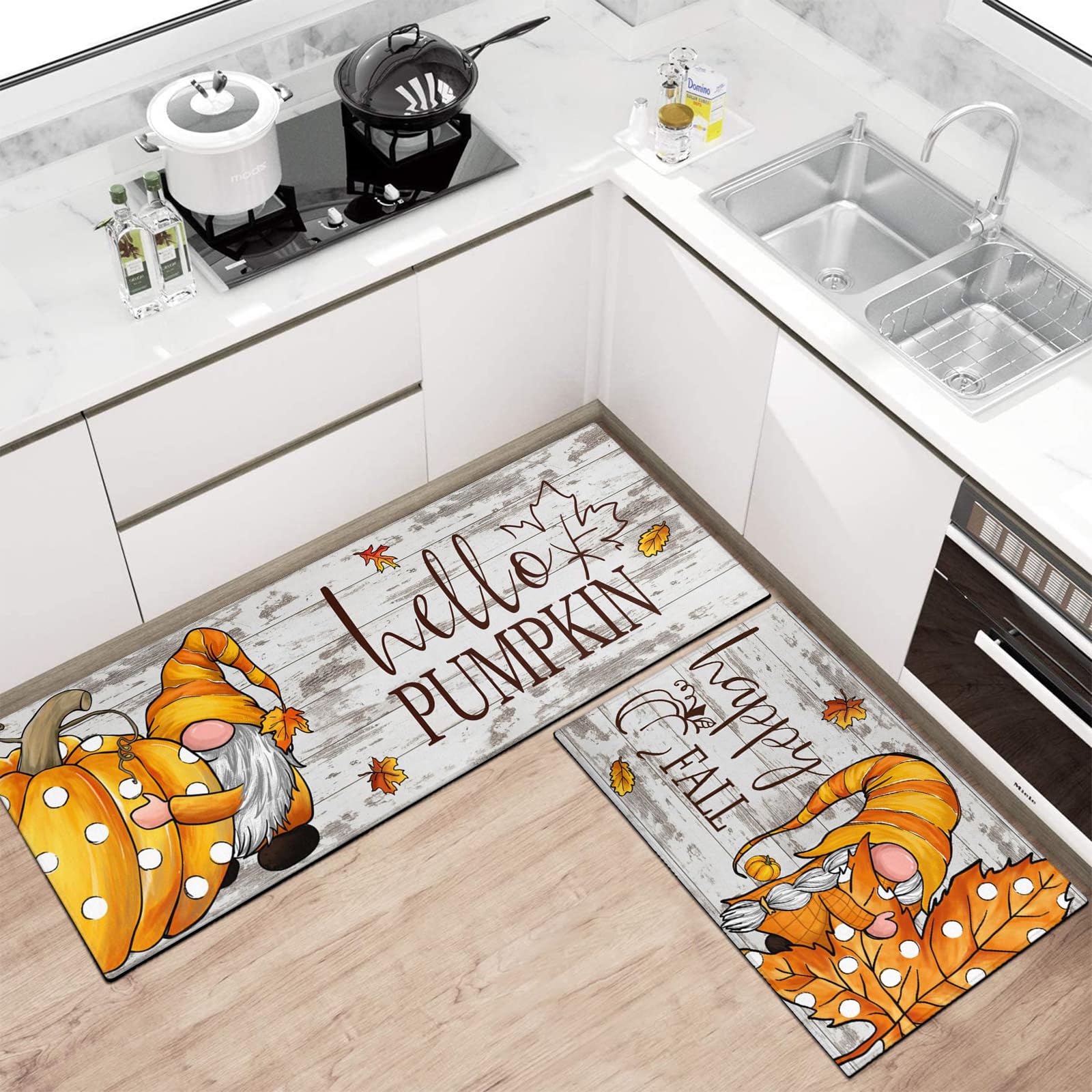 Faptoena Fall Kitchen Rugs Set of 2,Pumpkin Gnomes Leaf Thanksgiving Floor Mats and Rugs Non Skid Washable for Kitchen Home Deco